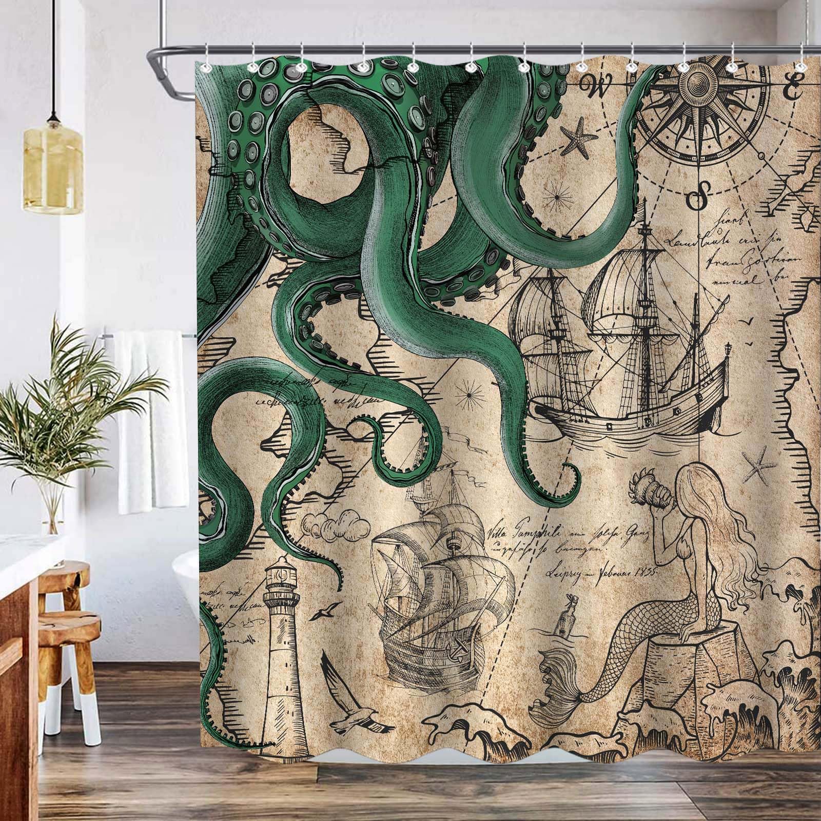 Fungarth Long Vintage Green Nautical Octopus Shower Curtain Mermaid Funny Ocean Kraken Shower Curtains For Bathroom Cool Anchor