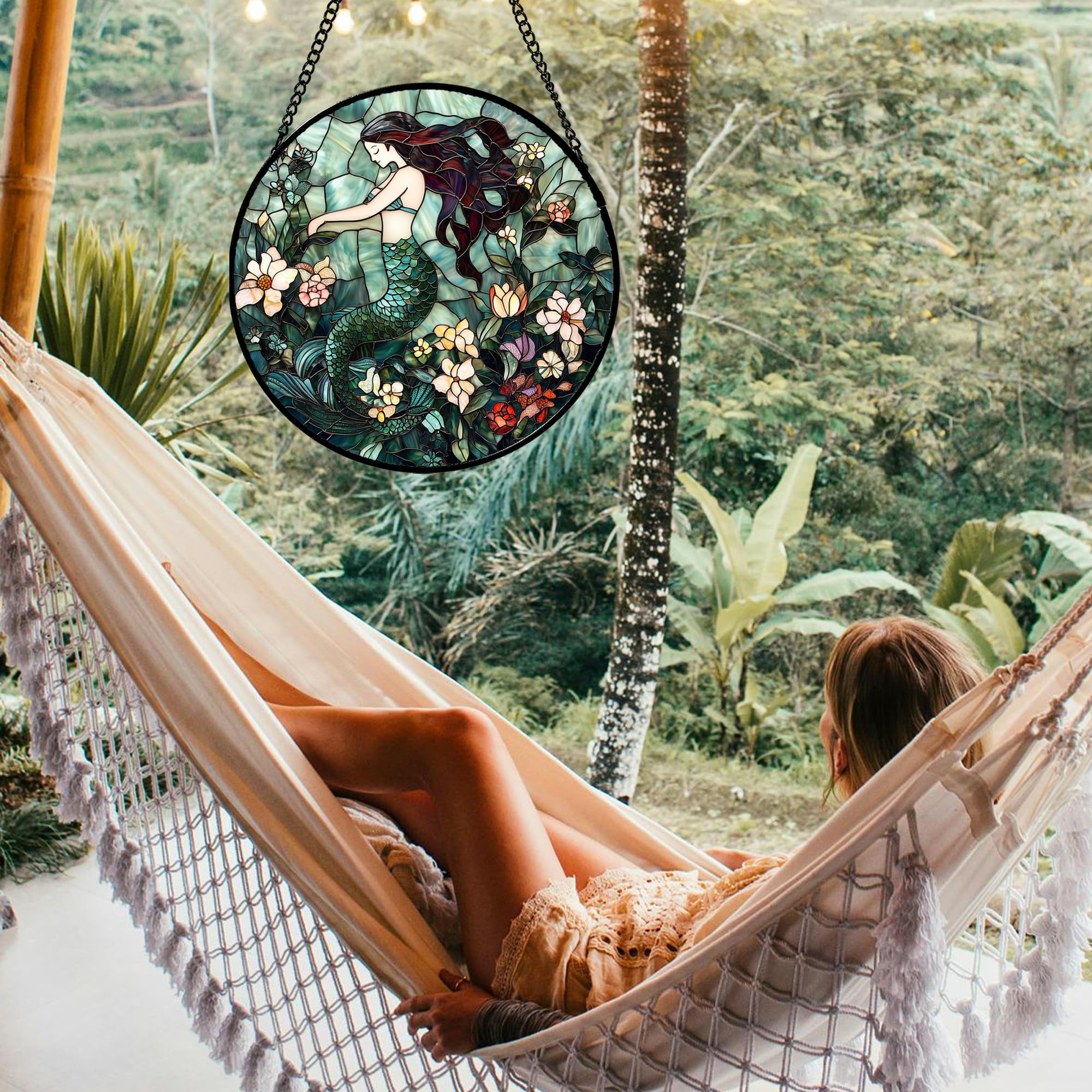JOSUMALY Stained Glass Window Hanging - Teal Sleeping Mermaid Suncatcher for Door Terrace Garden Home Decor, Sea of Flowers Sun