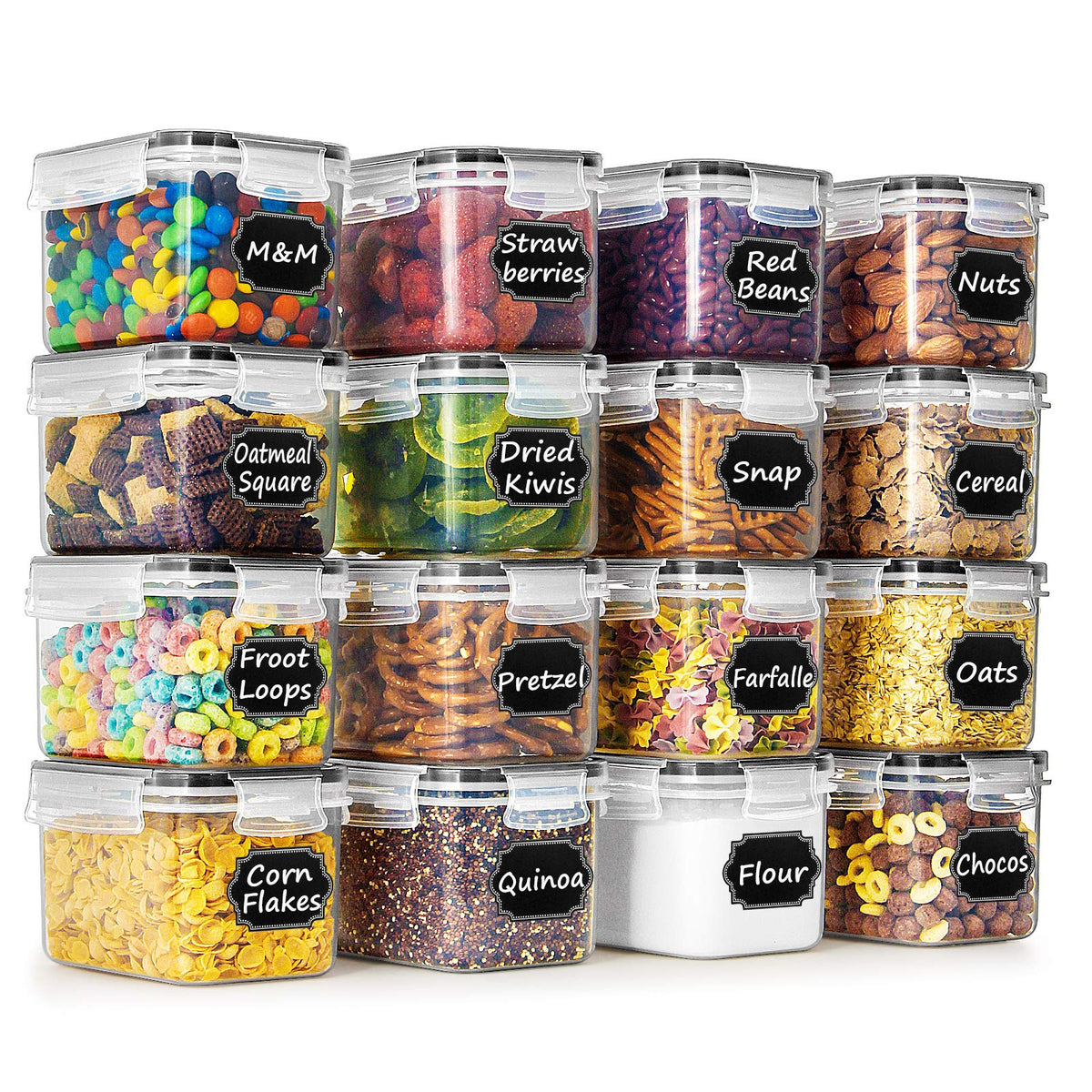 Wildone Cereal & Dry Food Storage Container Set Of 16 [0.8L /3.38 Cups] For Sugar, Flour And Baking Supplies, Airtight Leak-Proo