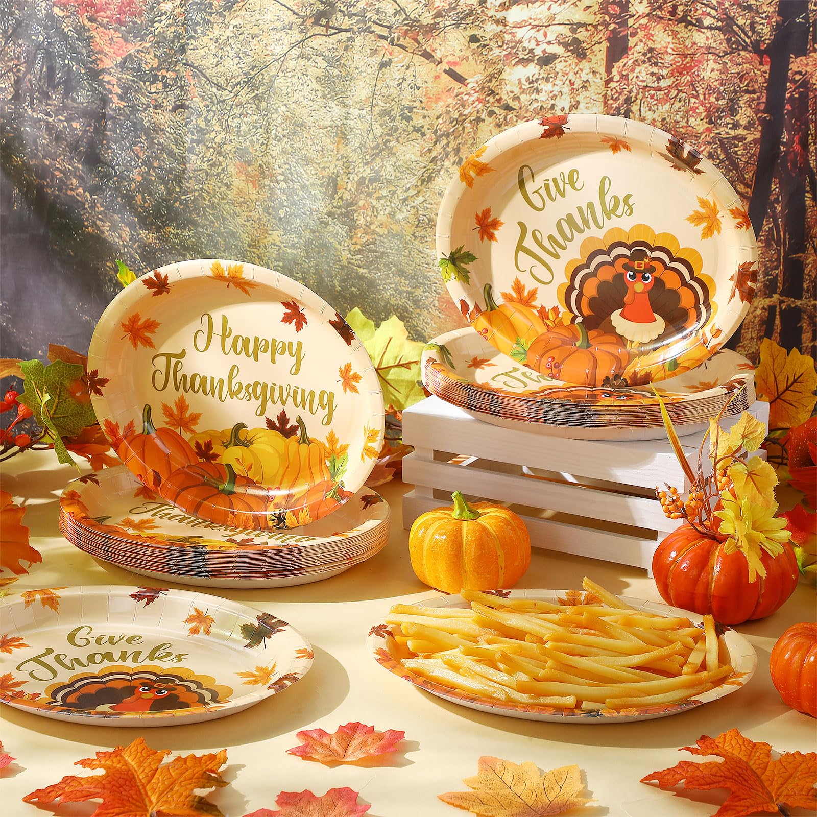Pajean 50 Pcs Thanksgiving Paper Plates Bulk Fall Oval Dinner Plates 9 x 11 Large Autumn Leaves Pumpkin Turkey Disposable Tablew