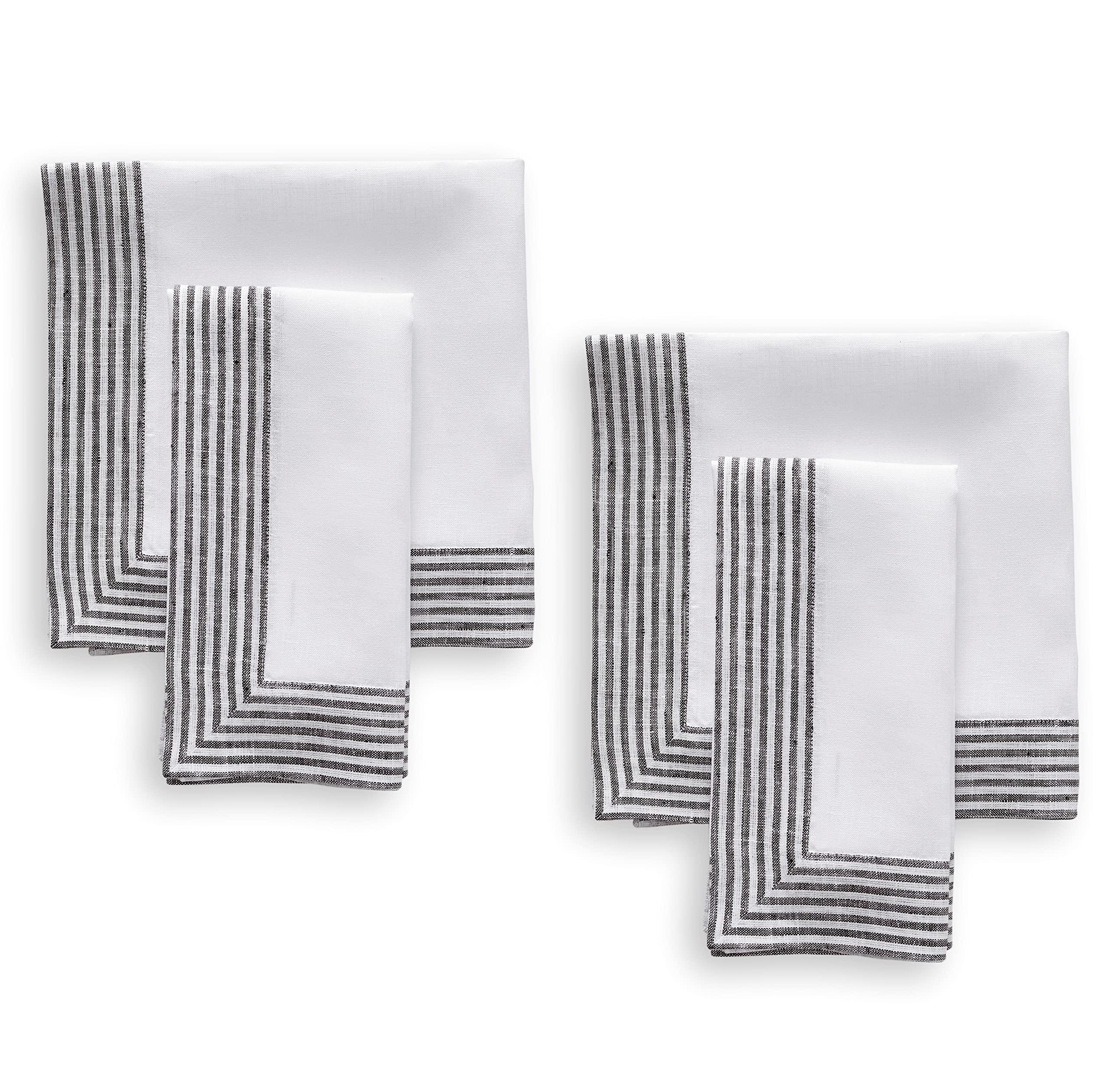 Solino Home Linen Dinner Napkins 20 X 20 Inch - 100% Pure Linen Black Cloth Napkins Set Of 4 - Lucca, Handcrafted And Machine Wa