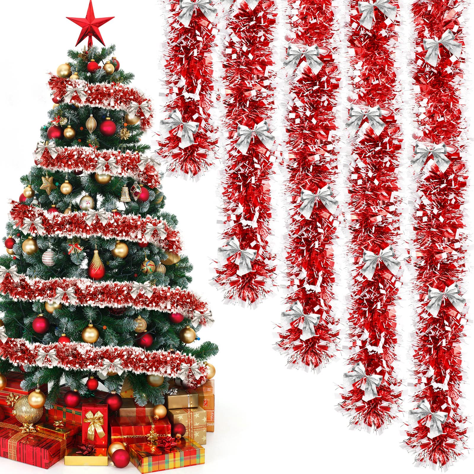 6 Pieces 39.4 ft Christmas Tinsel Garland with Red Bows Fluffy Tinsel Garland Soft Glitter Decorations Vintage Wreaths for Party