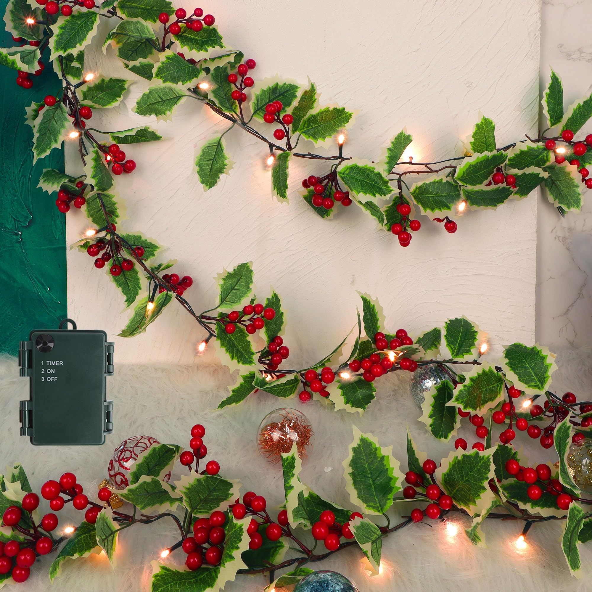 Juegoal Christmas Garland, 9FT Pre-lit Red Berries & Holly Leaves Garlands, Artificial Lighted Berry Garland Battery Operated wi