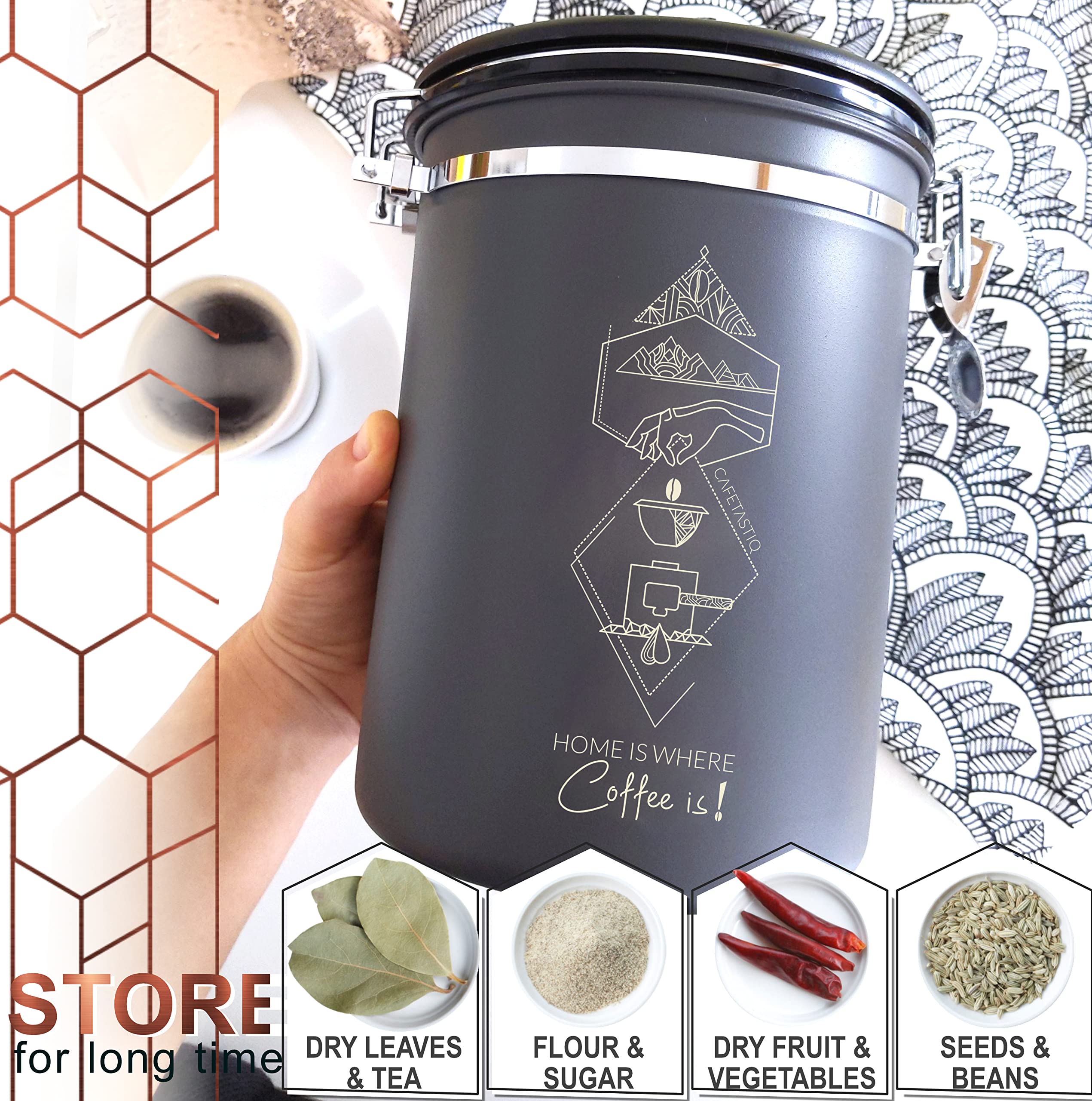 Extra Large 38Oz Beans / 35Oz Grounds Coffee Canister - Coffee Storage Container Tea Flour, Airtight Stainless Steel With Date D