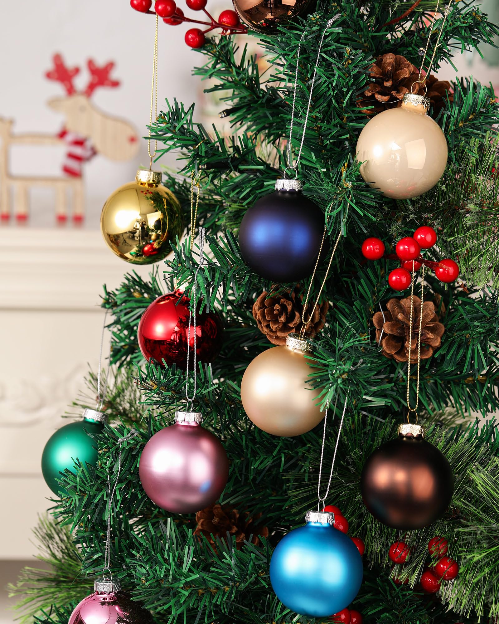 Syhood 16 Pcs Christmas Glass Ball Ornaments Set 2.36 Hanging Glass Bulbs with Loop Hanging String for Christmas Tree Decoration