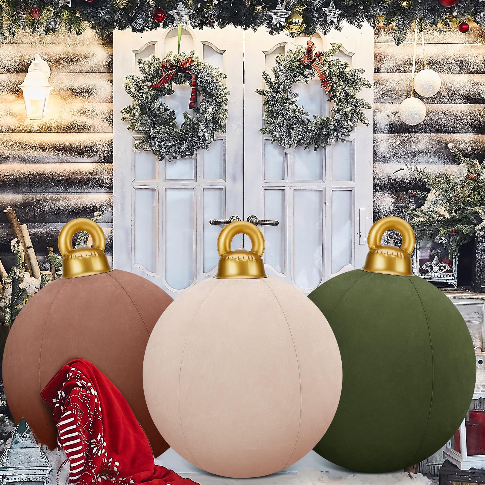 Jetec 3 Pcs 32 Inch Giant Velvet Christmas Inflatable Balls Ornament Flocked Xmas PVC Inflatable Flocked Ball Ornaments for Chri
