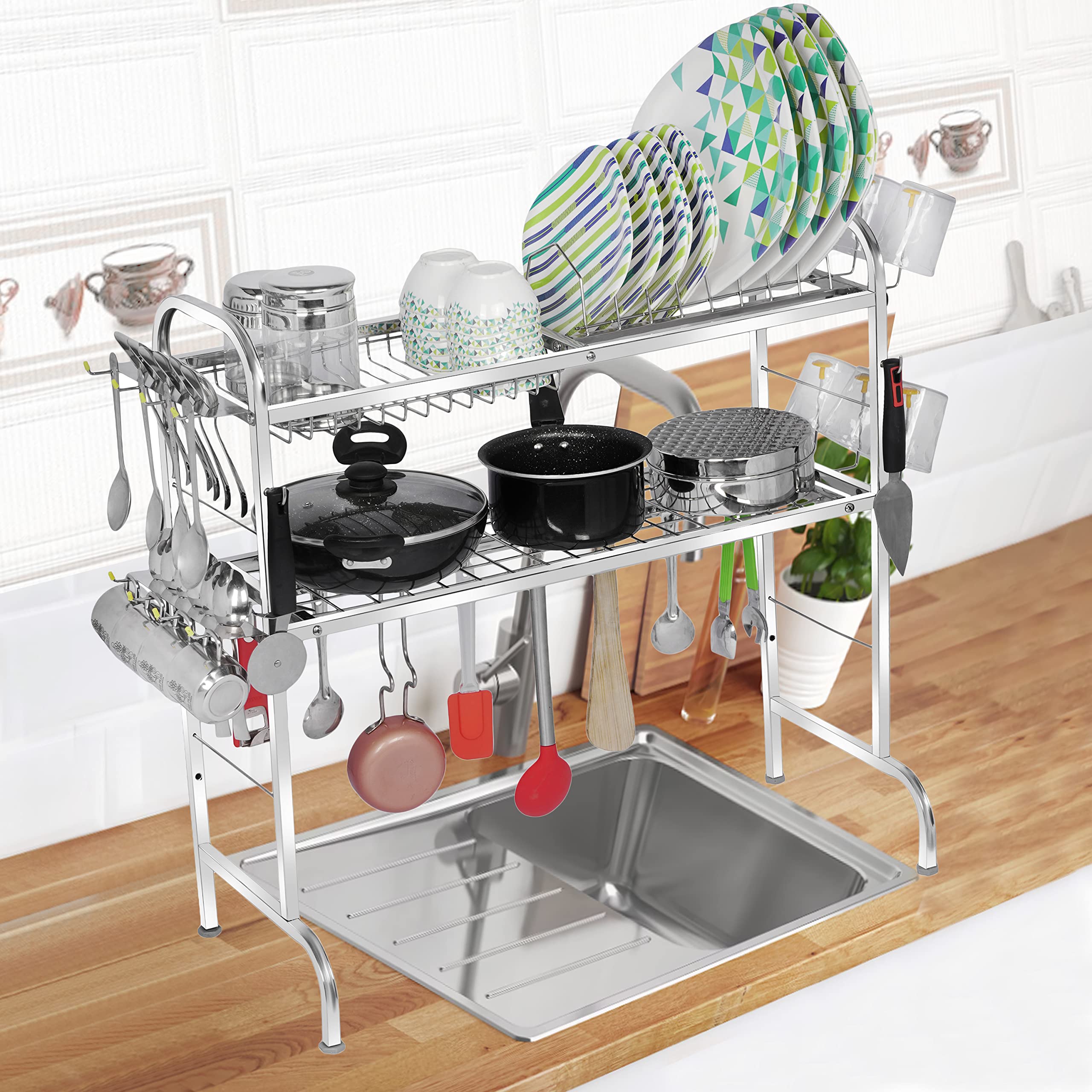 Palomino Stainless Steel Over The Sink Dish Drying Rack 28 Inch  2Tier Utensil Holder For Kitchen Counter Top  Standing Shelf
