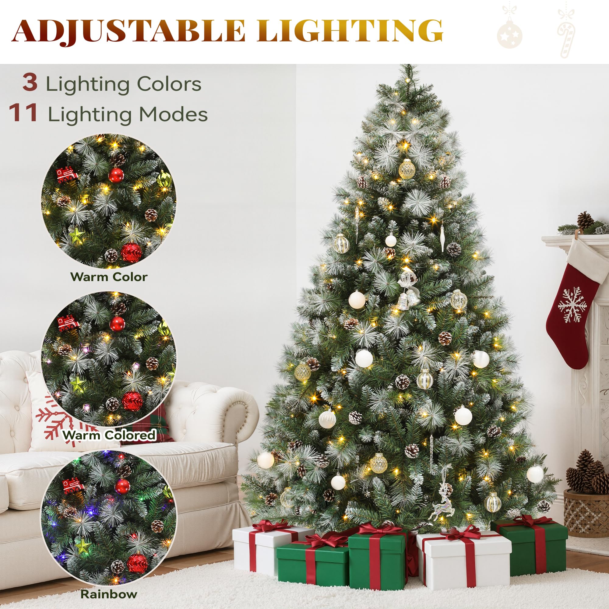 YITAHOME 6ft Prelit Scotch Pine Christmas Tree with Remote Control, Pre-Decorated Frosted Christmas Tree with Pine-Cones & Needl