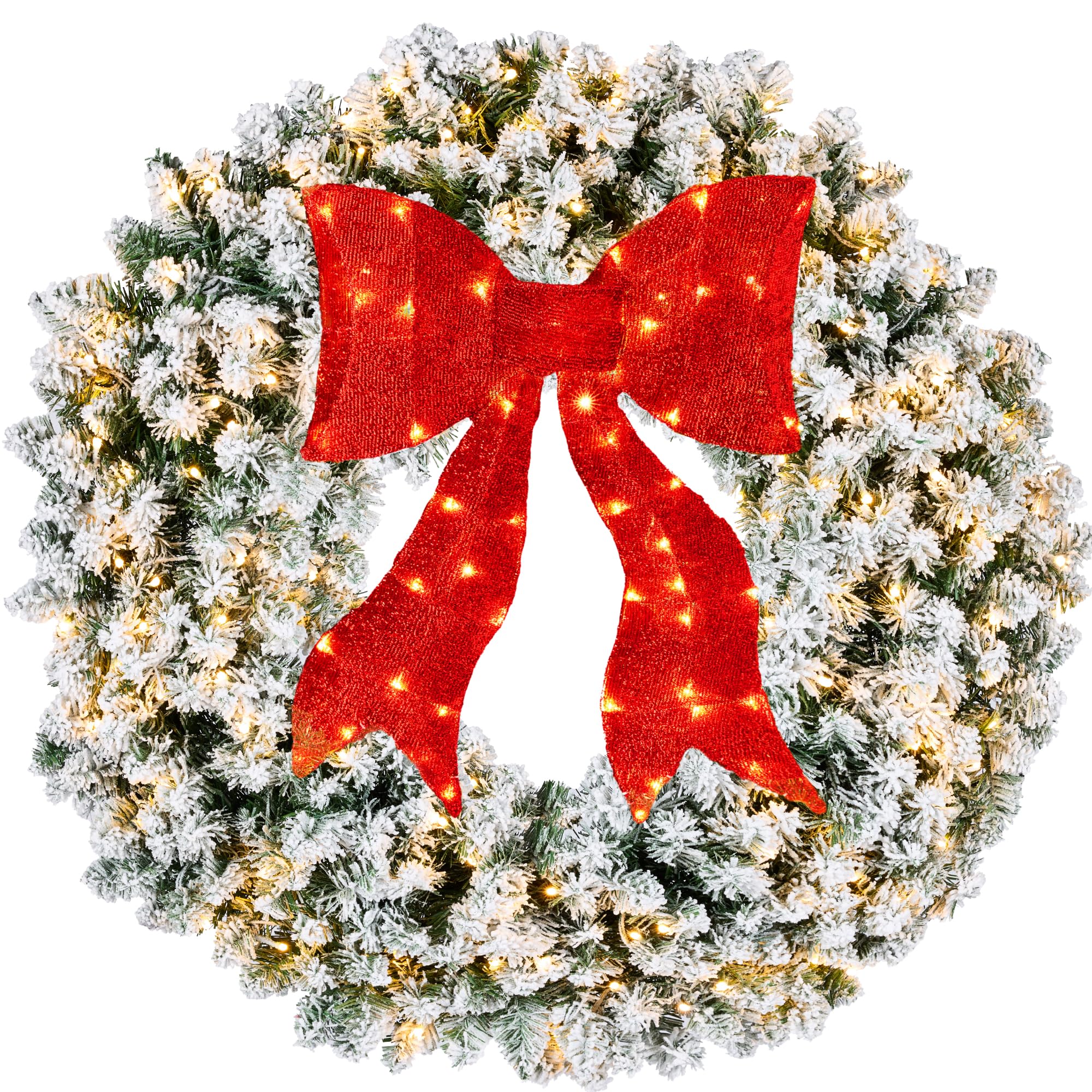 Best Choice Products 48in Large Flocked Artificial Pre-Lit Fir Christmas Wreath Holiday Accent Decoration for Door, Mantel w/Red
