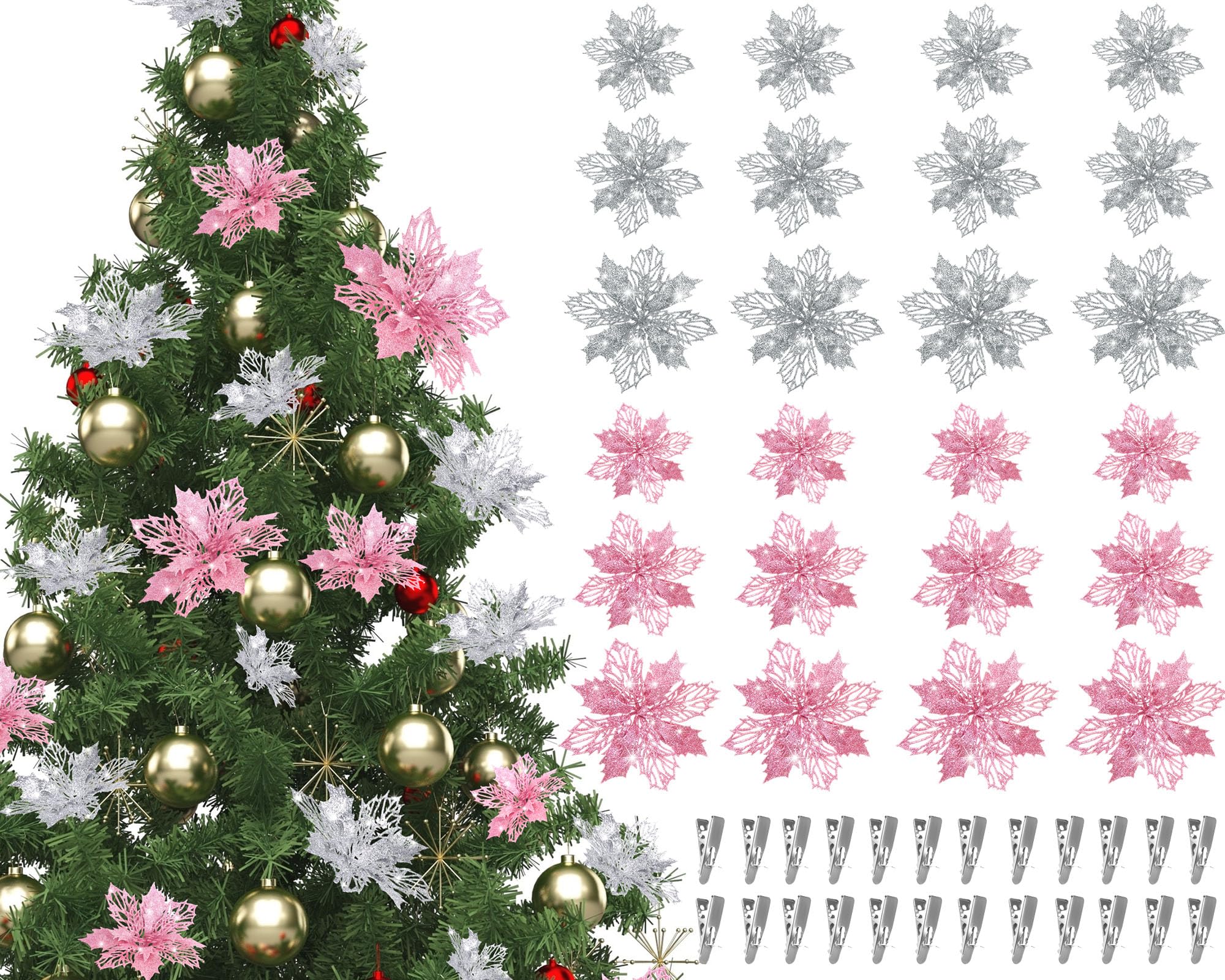 Boao 24 Pieces Pink and Silver Christmas Poinsettia Flowers Glitter with Clips Christmas Ornaments Decorations for Tree Artifici
