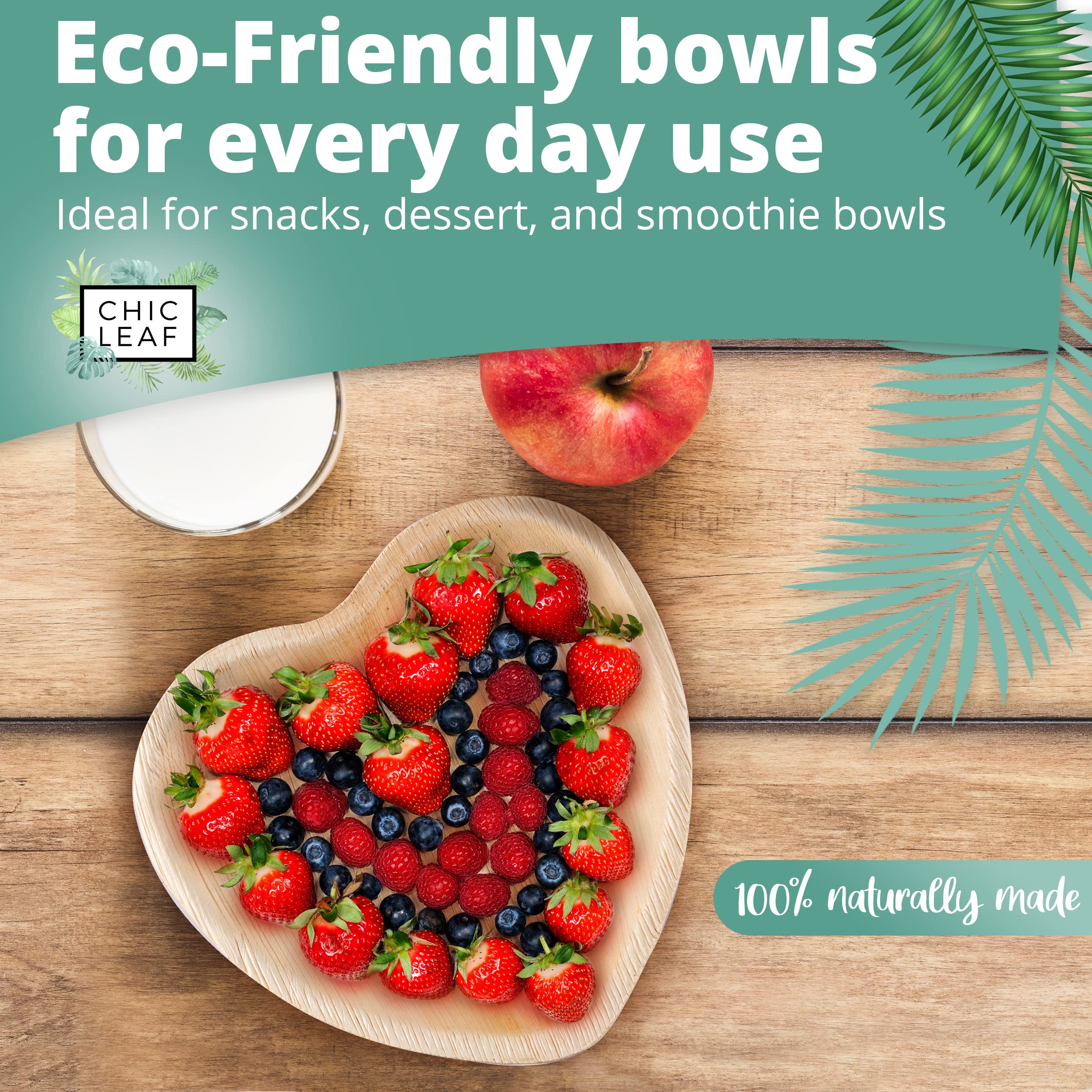 Chic Leaf Palm Leaf Bowls Disposable Bamboo Heart Shaped Bowls 6.5 Inch Heart Dish (50 Heart Bowls) - Compostable Heart Shaped P