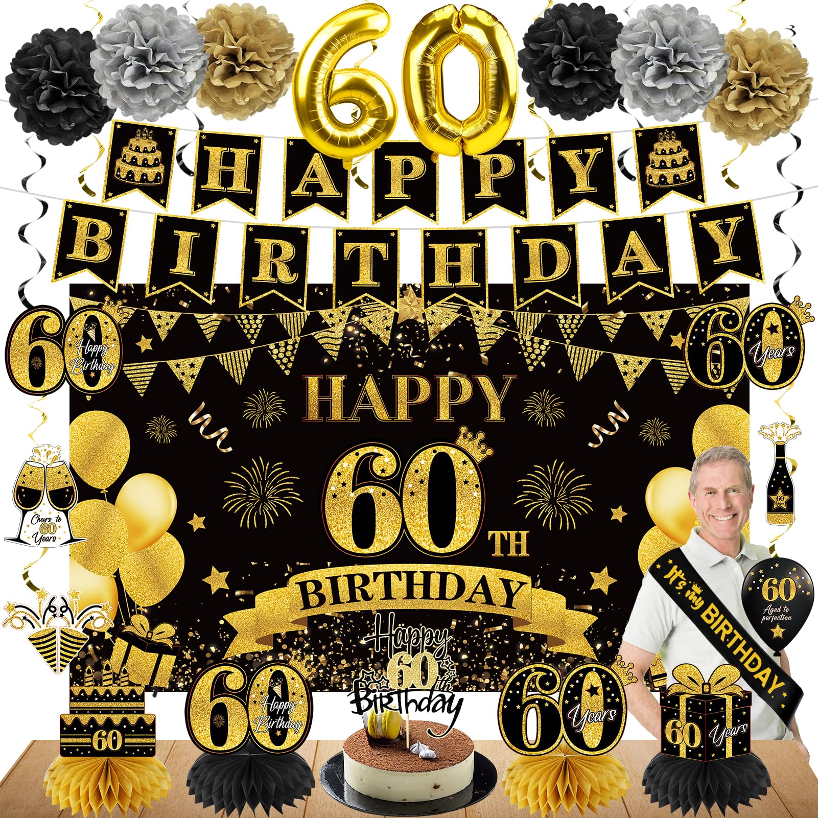 Eucutur 42Pcs 60Th Birthday Decoration Kit For Men Women, Black Gold Happy 60Th Bday Banner Balloons Honeycomb Centerpiece Swirl