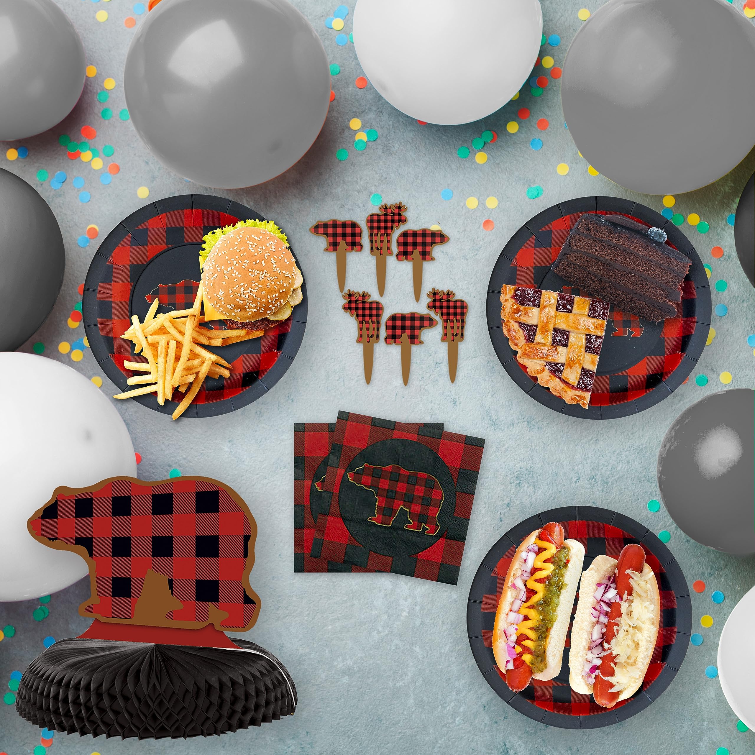 Buffalo Plaid Bear Party For 16 Guests! Includes 16 Ea. Bear 9 In. Dinner Plates & Beverage Napkins, 24 Bear Party Picks, 1 Lg.