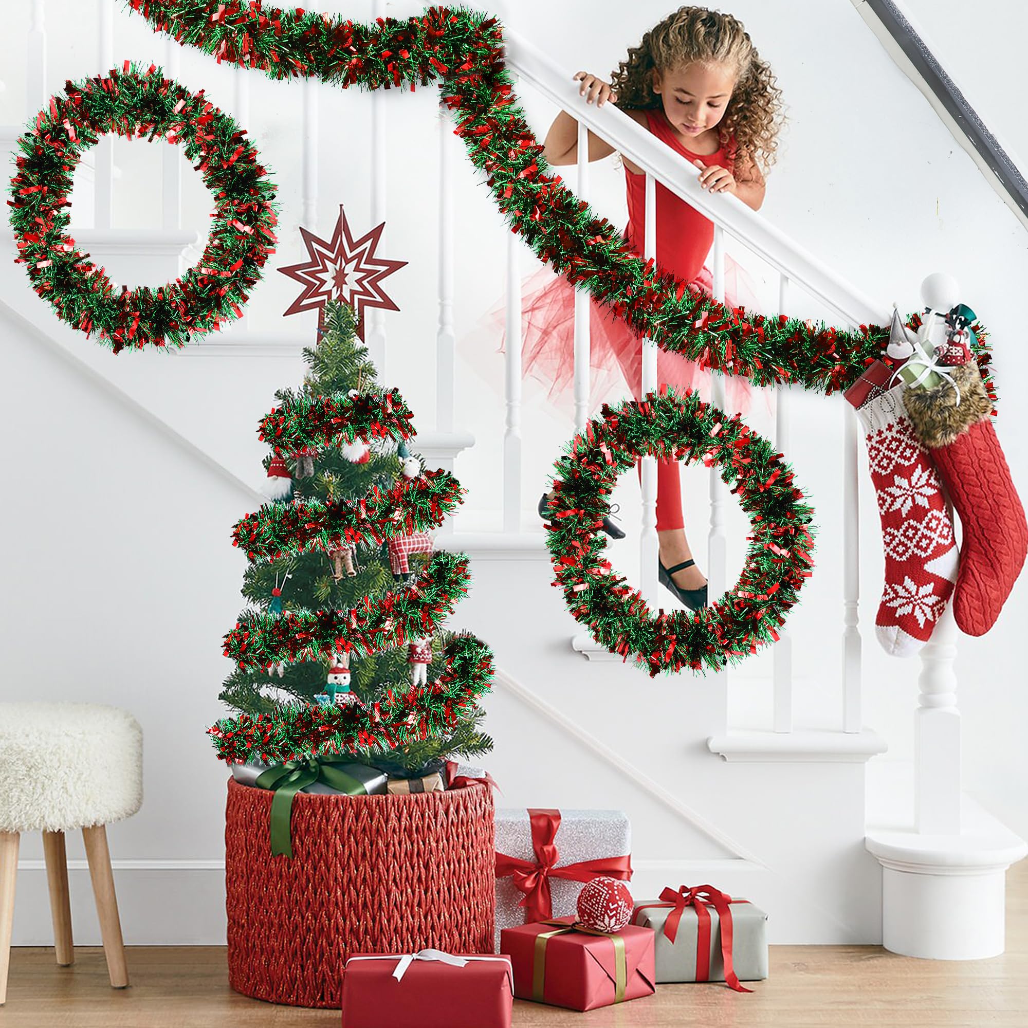 50Ft Red Green Christmas Tinsel Garland Xmas Tree Decorations Metallic Glitter Tinsel Twist Hanging Garland for Indoor Outdoor C