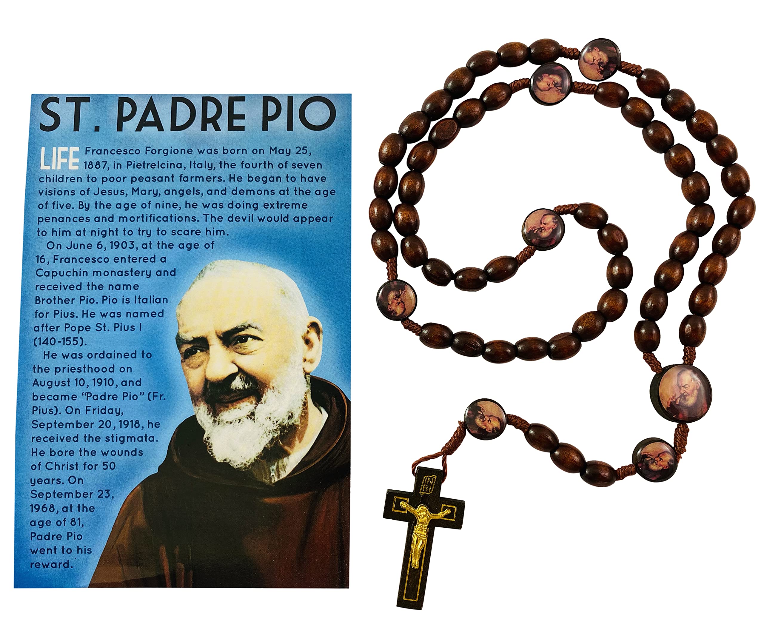 Westmon Works Saint Padre Pio Rosary Wooden Beads with Colorful Center and Faith Explained Large Holy Card Set