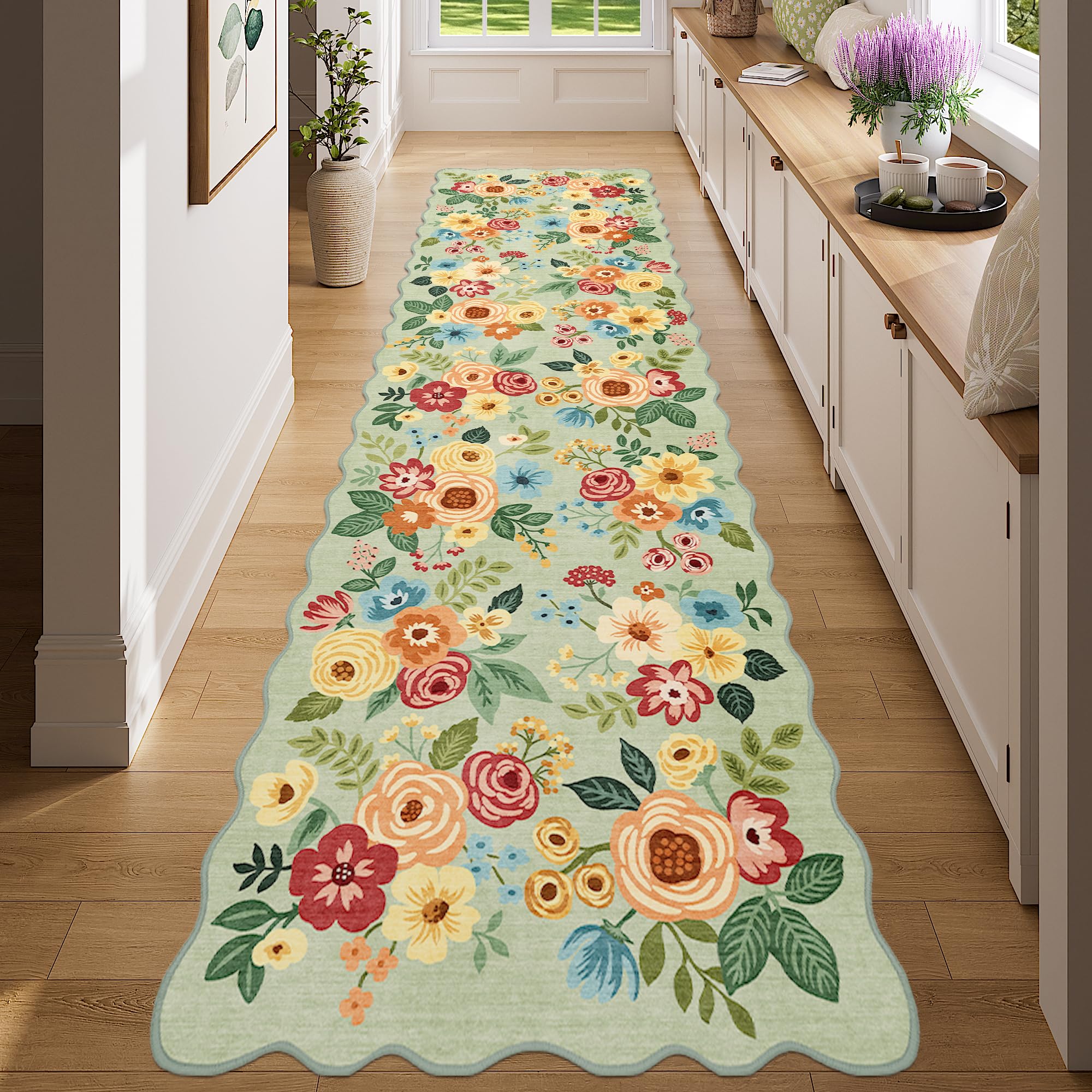 DUKINO Washable Runner Rug, 2x7 Lightweight Soft Floral Hallway Rug Runner with Low Pile Design, Non Shedding & Non Slip Backing