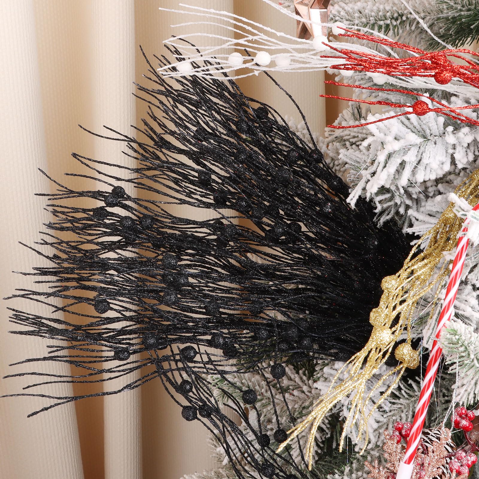 LOAVER 18 Pack Christmas Artificial Glitter Berry Stem Ornaments,17 Inches Decorative Picks Glittery Twigs Bead Sticks for Chris