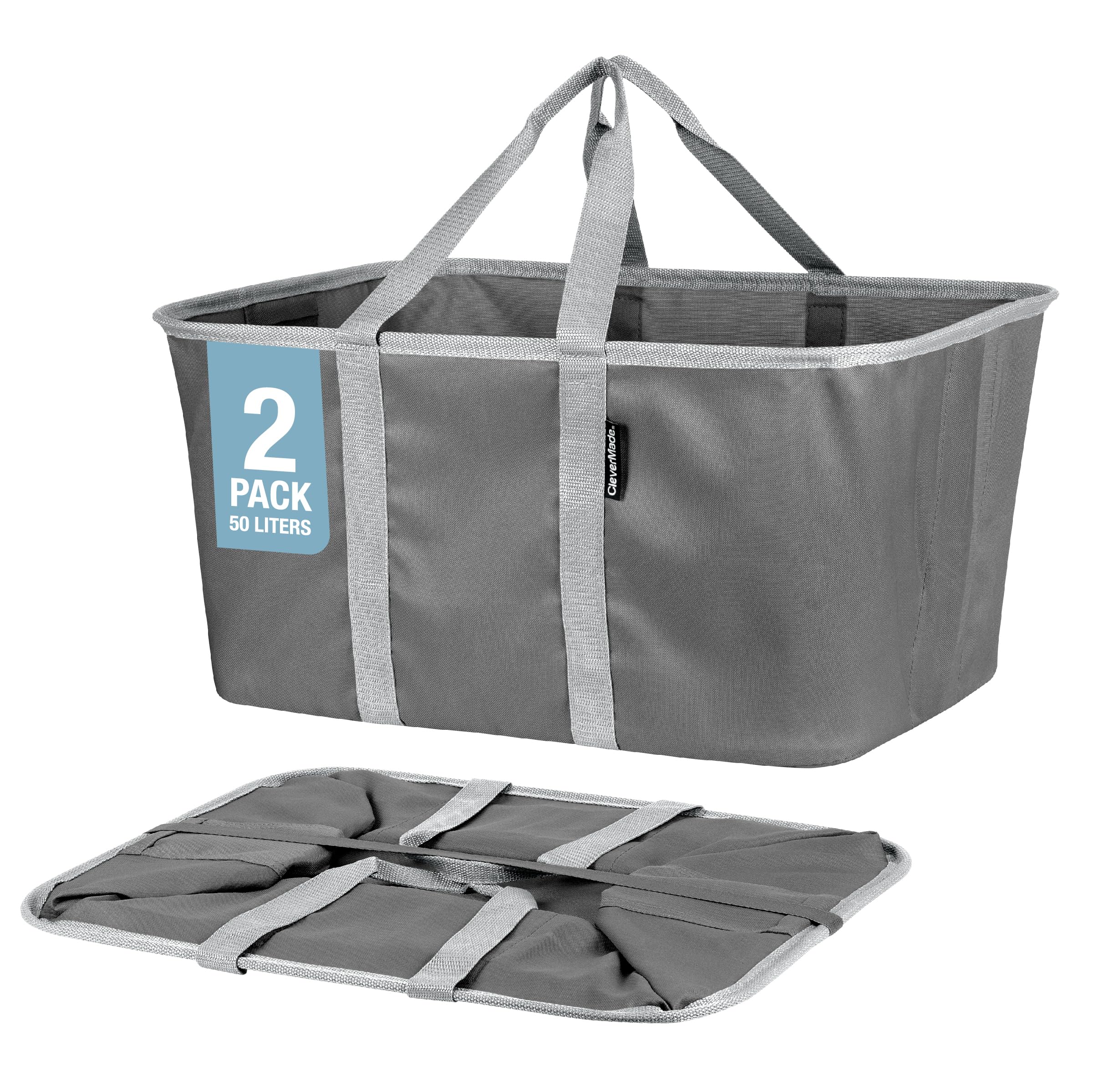 CleverMade Collapsible Fabric Laundry Baskets - Foldable Pop-Up Storage Container Organizer Bags - Large Rectangular Space Saving Clothes Hamper Tote with Carry Handles  Pack of 2  Charcoal