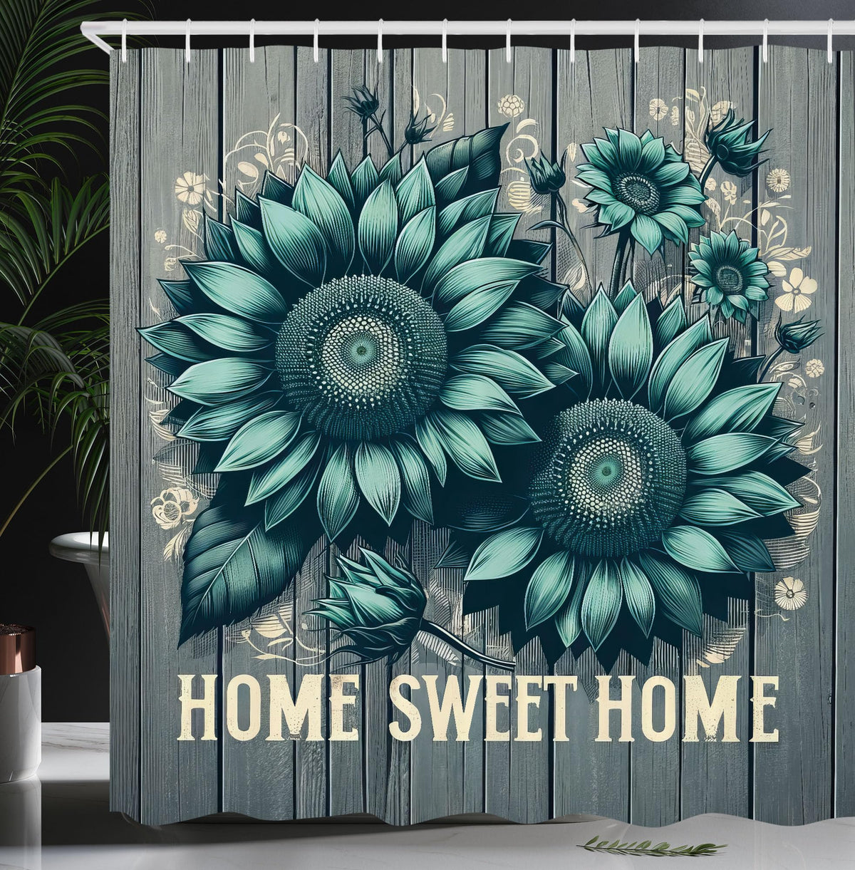 Ambesonne Teal Shower Curtain, Aquamarine Tone Sunflowers And Home Concept Phrase Modern Rustic Farmhouse, Cloth Fabric Bathroom