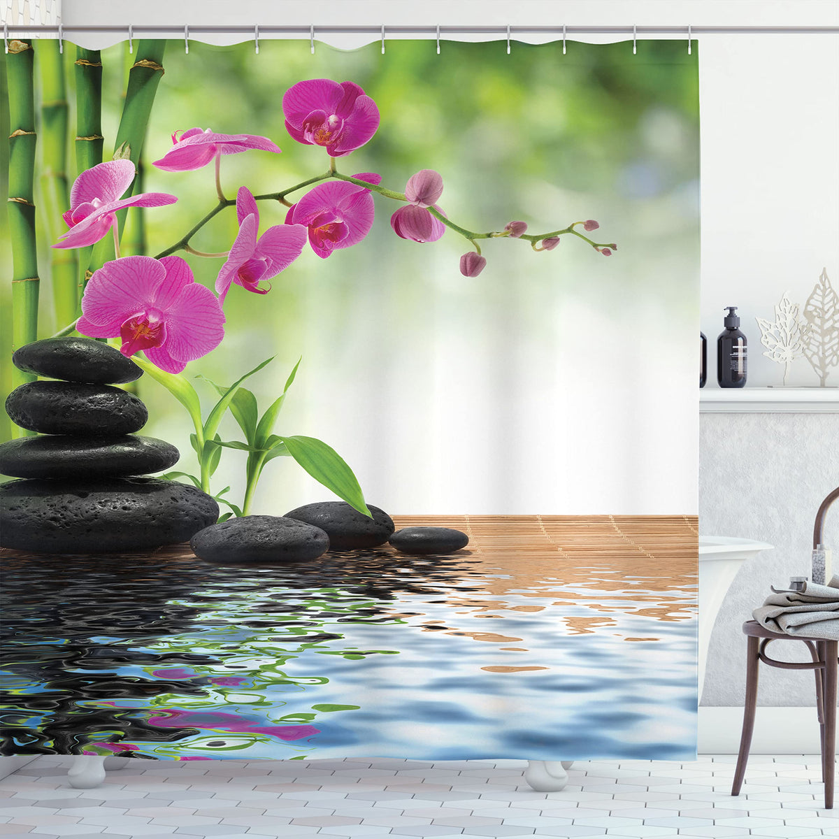 Ambesonne Orchid Shower Curtain, Greenery Composition Of Tree And Exotic Wild Fuchsia Flowers Stones, Cloth Fabric Bathroom Deco
