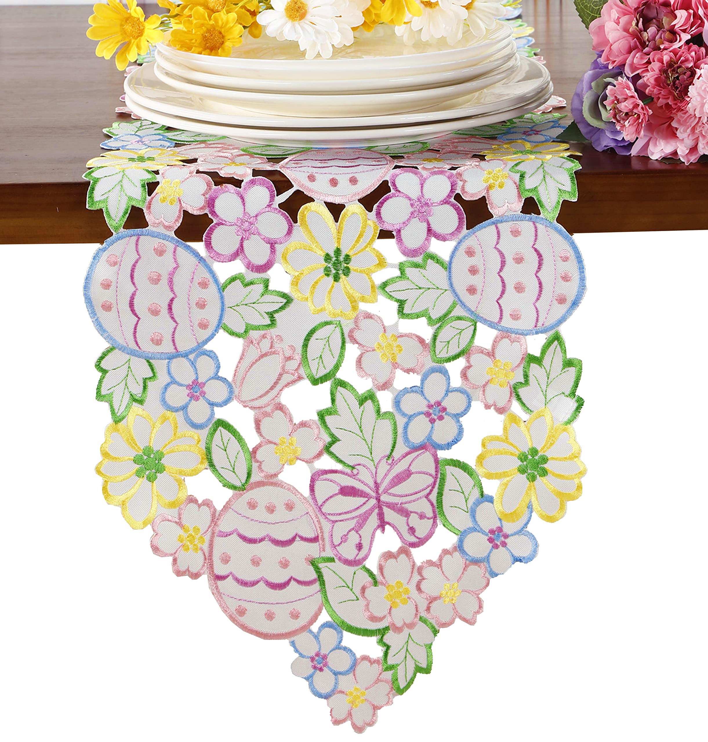 Easter Spring Table Runner 13''  68'' Cutwork Embroidered Eggs Flowery Floral Eggs Dresser Scarf For Home Kitchen Dining Spring