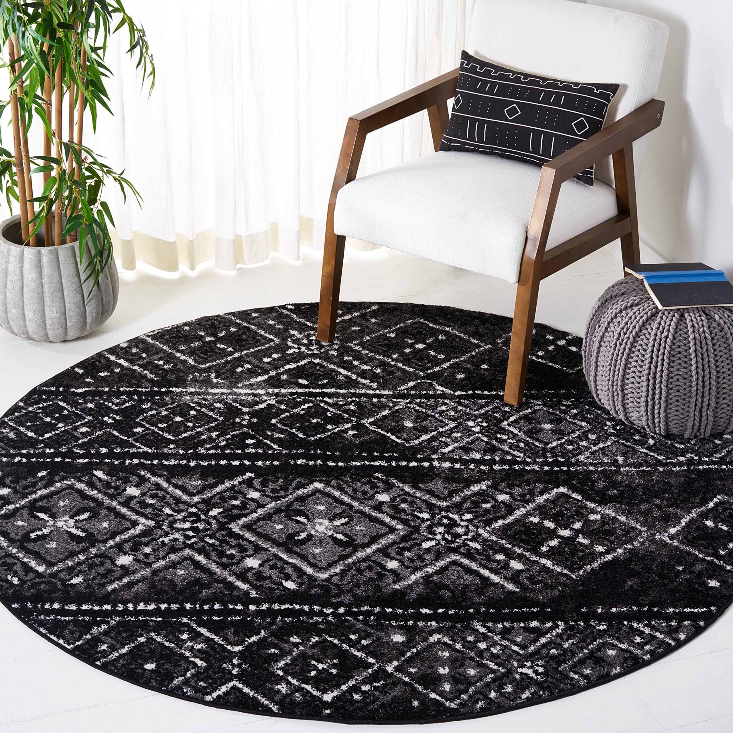 SAFAVIEH Adirondack Collection 10 Round Black / Silver ADR111C Moroccan Boho Distressed Non-Shedding Dining Room Entryway Foyer