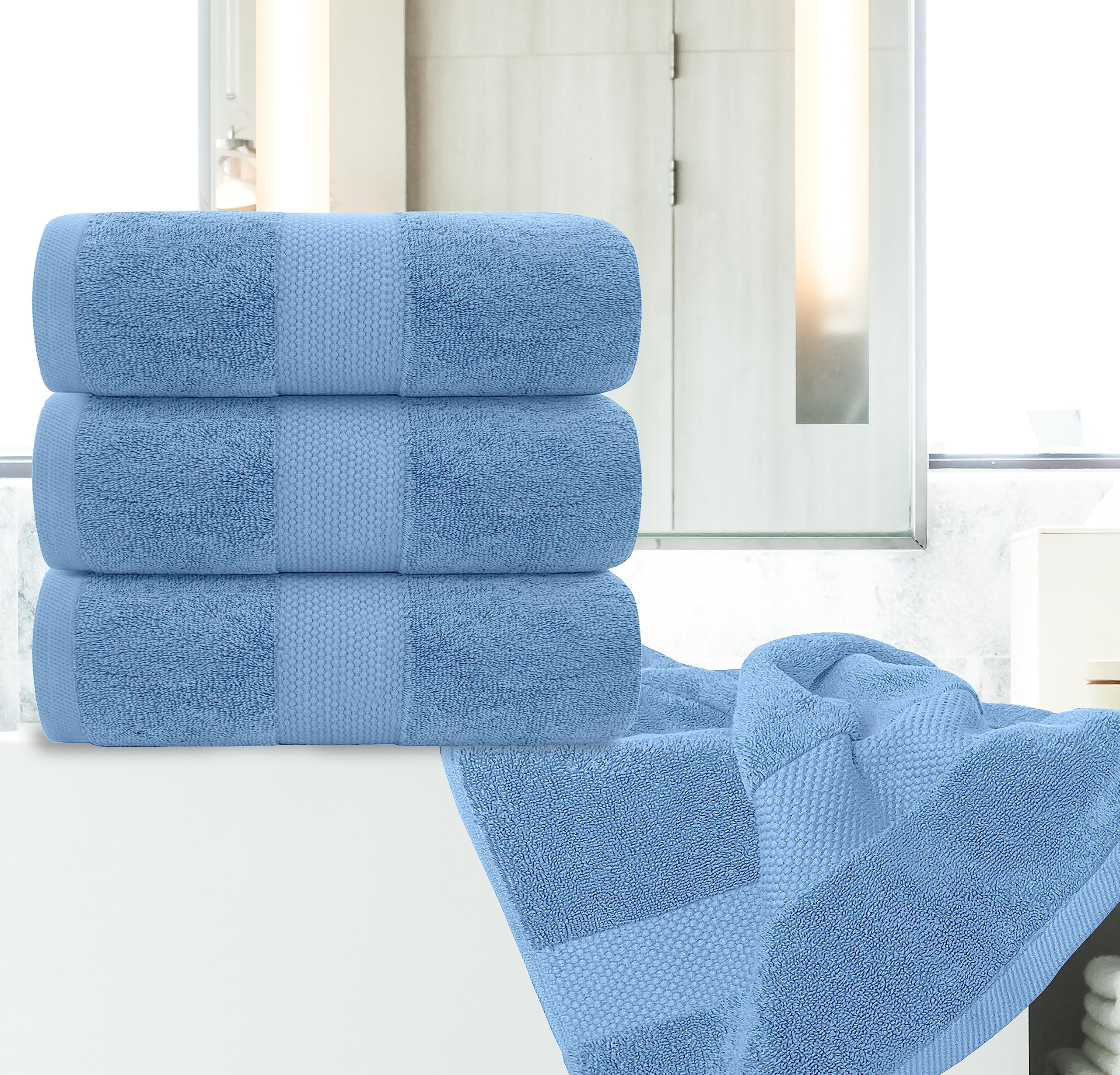 White Classic Luxury Bath Towels Large - Cotton Hotel spa Bathroom Towel 30x56  4 Pack  Light Blue