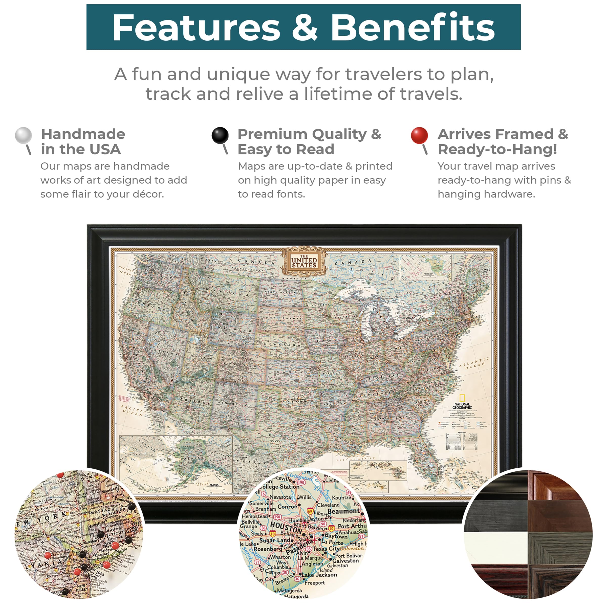 Push Pin Travel Maps - Executive Us - Solid Wood Brown Framed Pin Map For Tracking Your Travels - 27.5'' X 39.5'' - 8 Handcrafte