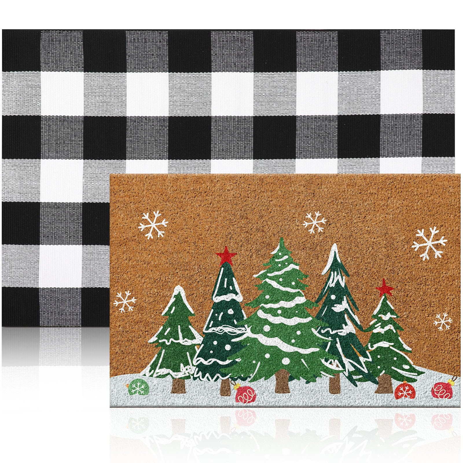Duraaamo 2 Pcs Christmas Tree Door Mat Outdoor Christmas Nature Coir Welcome Rug Black White Grid Outdoor Rug for Xmas Front Por