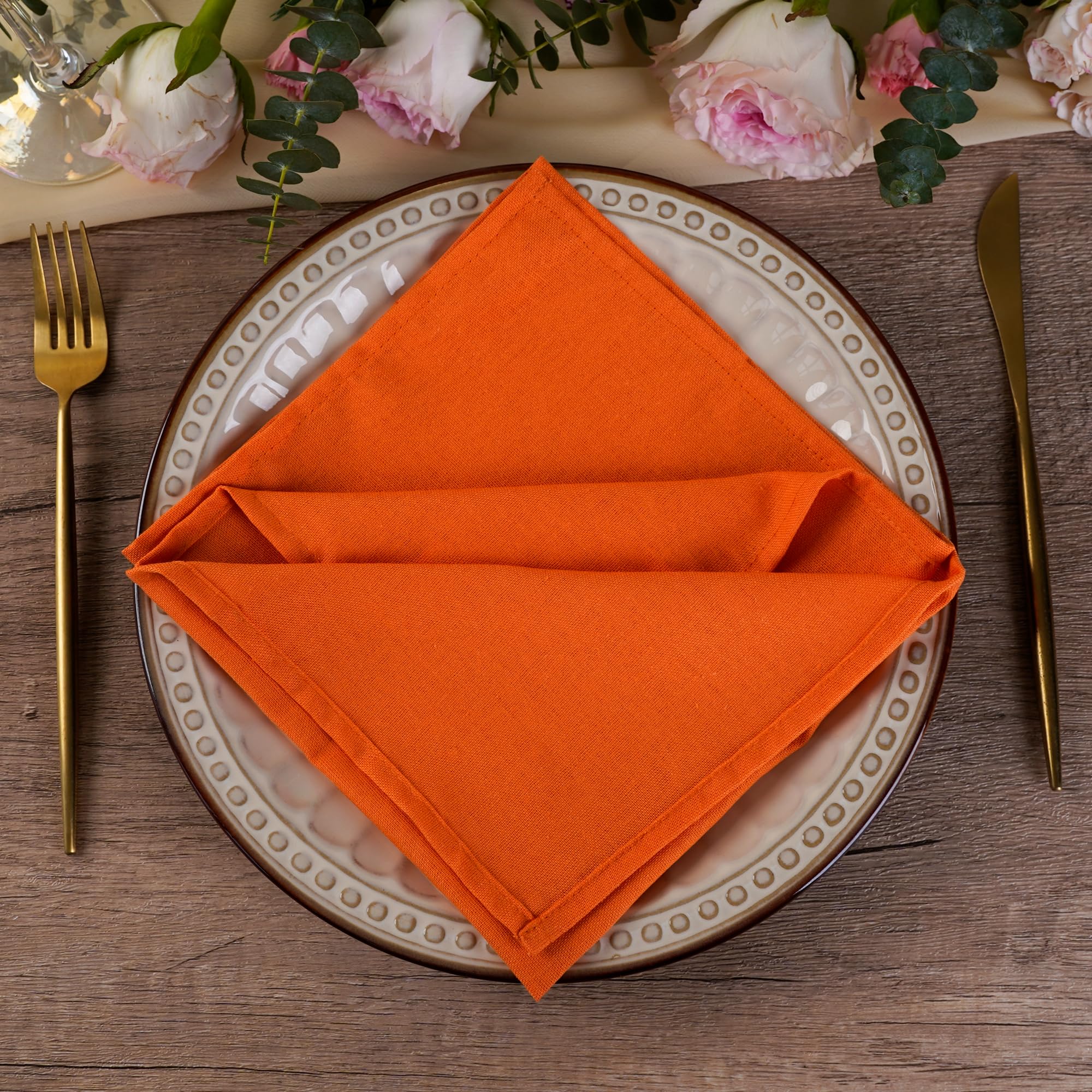 INFEI Solid Color Cotton Linen Blended Thin Dinner Fabric Napkins - Set of 12 (40 x 40 cm) - for Events & Home Use (Orange)