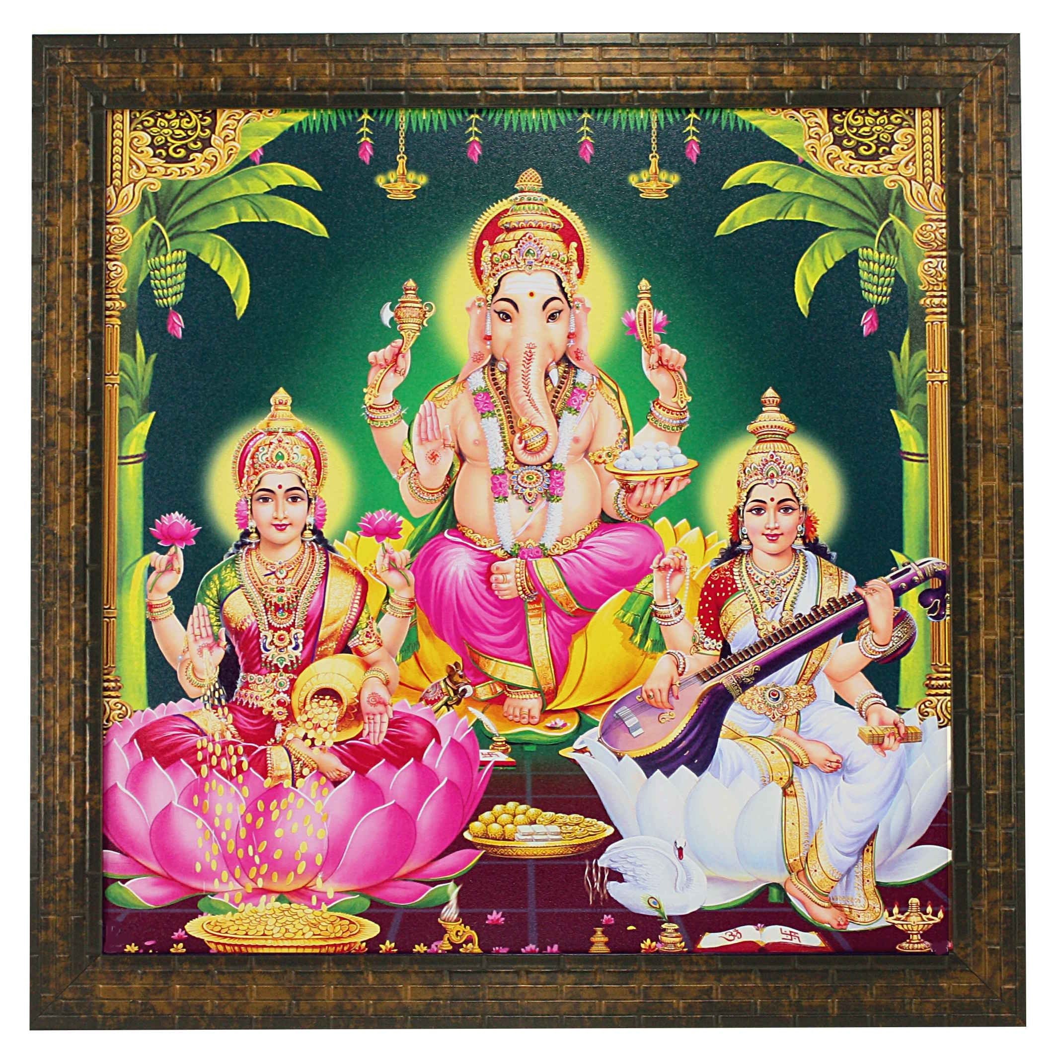 Indianara LAXMI Ganesh Saraswati Paintings (1398) Without Glass 13.8 X 13.8 inch