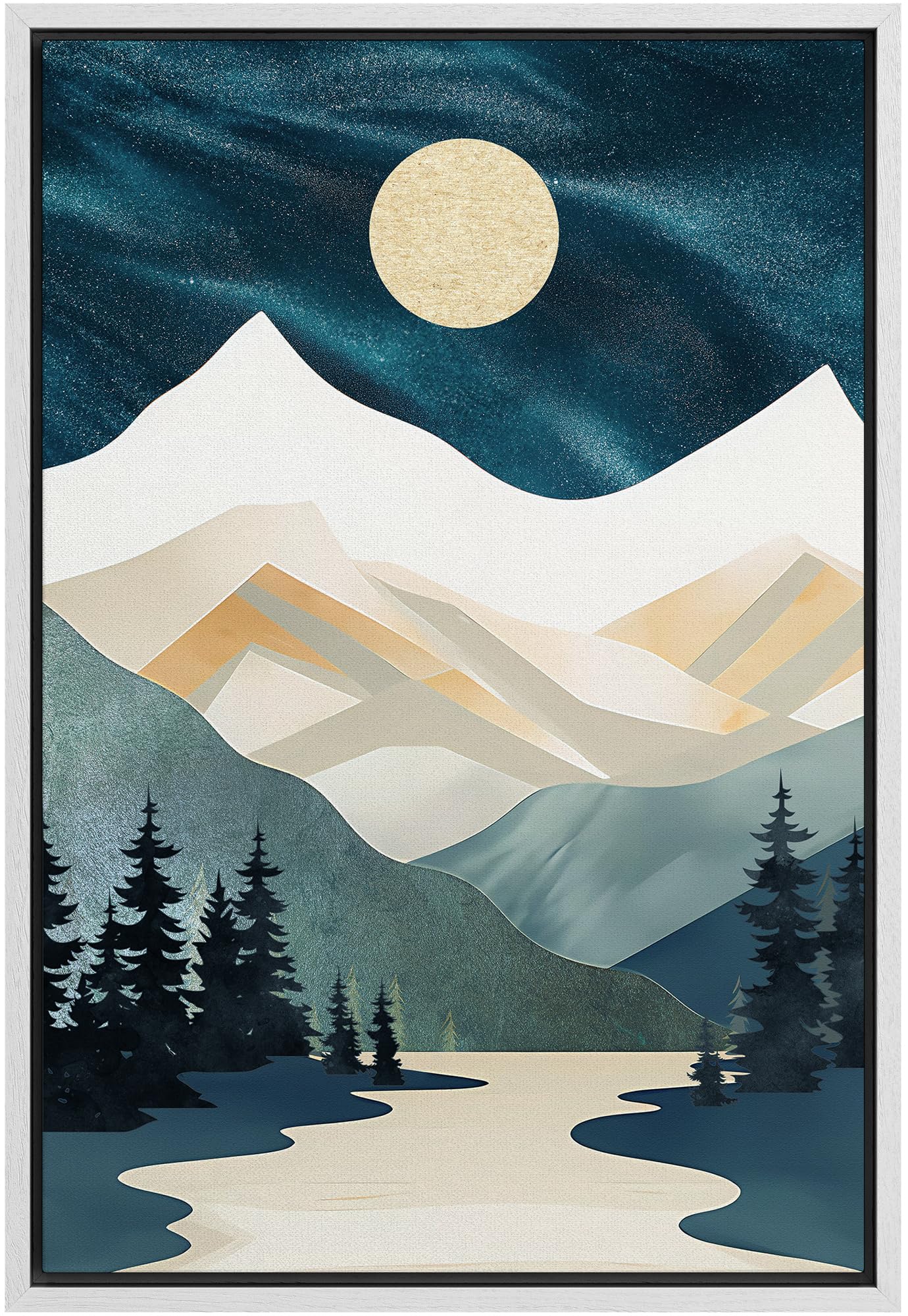 Signford Framed Canvas Print Wall Art Navy Blue Midnight Sky Moon Mountain Range Nature Wilderness Illustrations Decorative Bohe