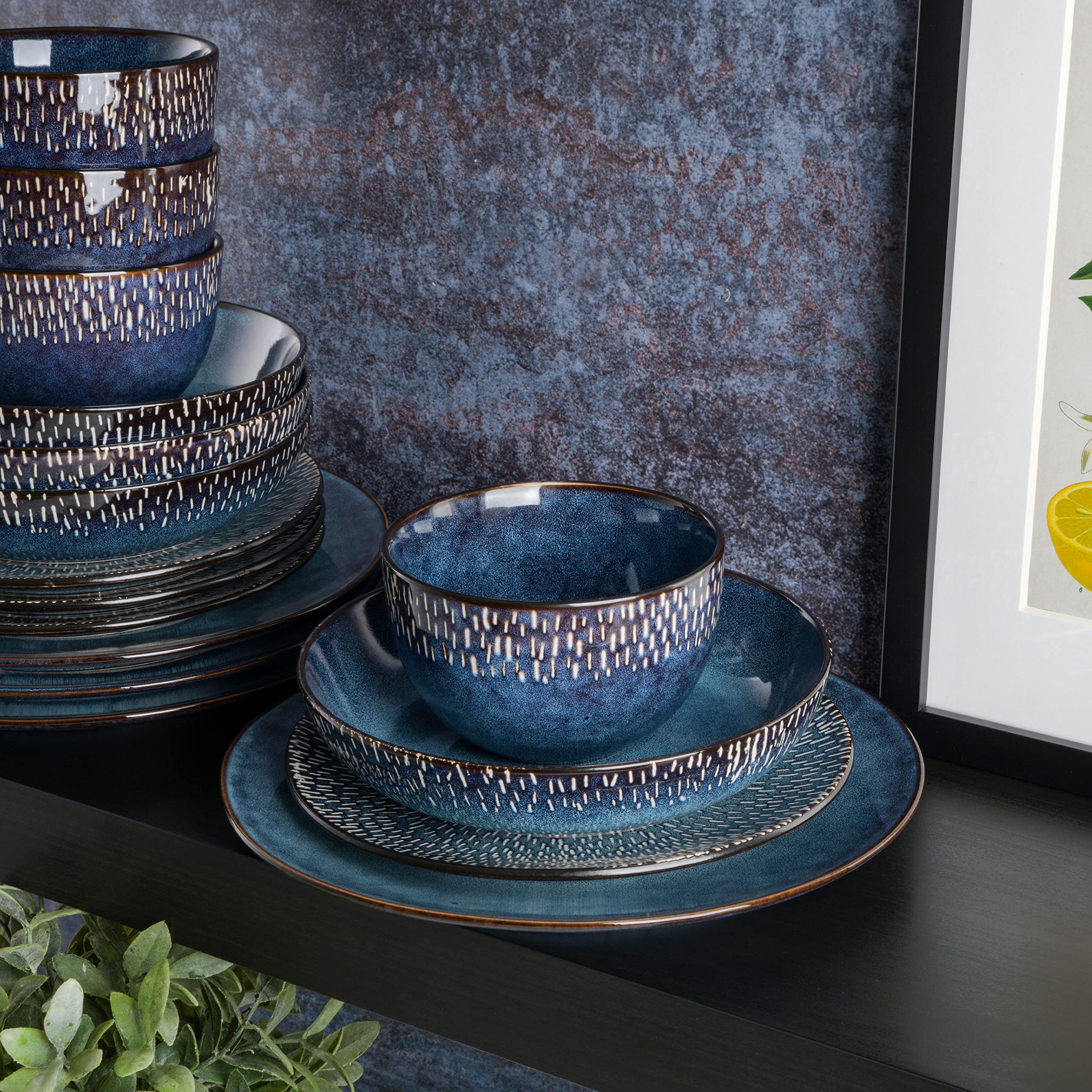 Gibson Elite Matisse 16-Piece Stoneware Dinnerware Set, Service for 4, Cobalt Blue, Model 99839.16RM