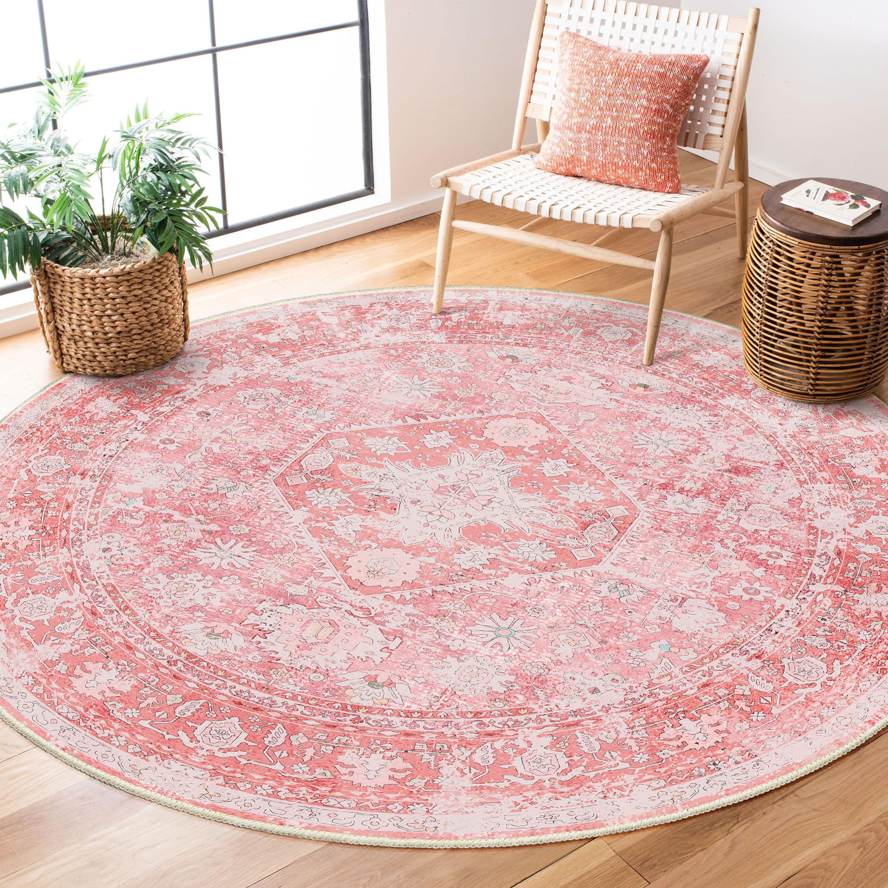 MUJOO Round Rug 5ft,Pink Circle Area Rug Washable,Girls Boho Circular Rugs for Bedroom Living Room,Non Slip Throw Carpet Soft Vi