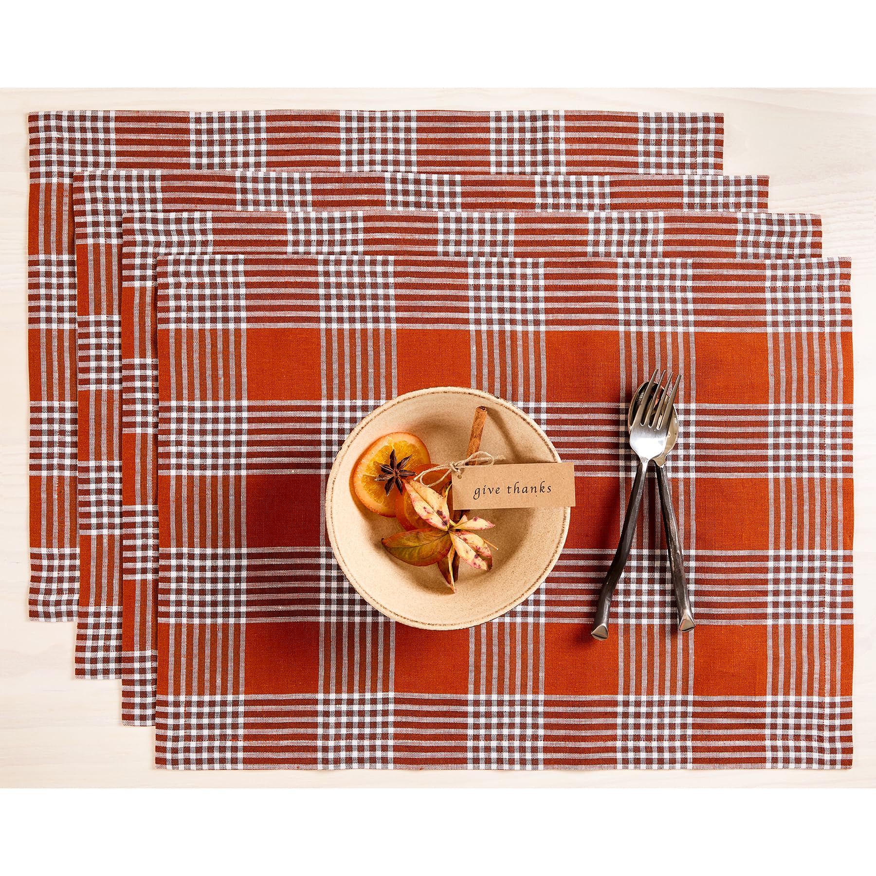 Solino Home Plaid Linen Placemats Set Of 4-100% Pure Linen Nutmeg Glen Plaid Place Mats 14 X 19 Inch - Handcrafted And Machine W