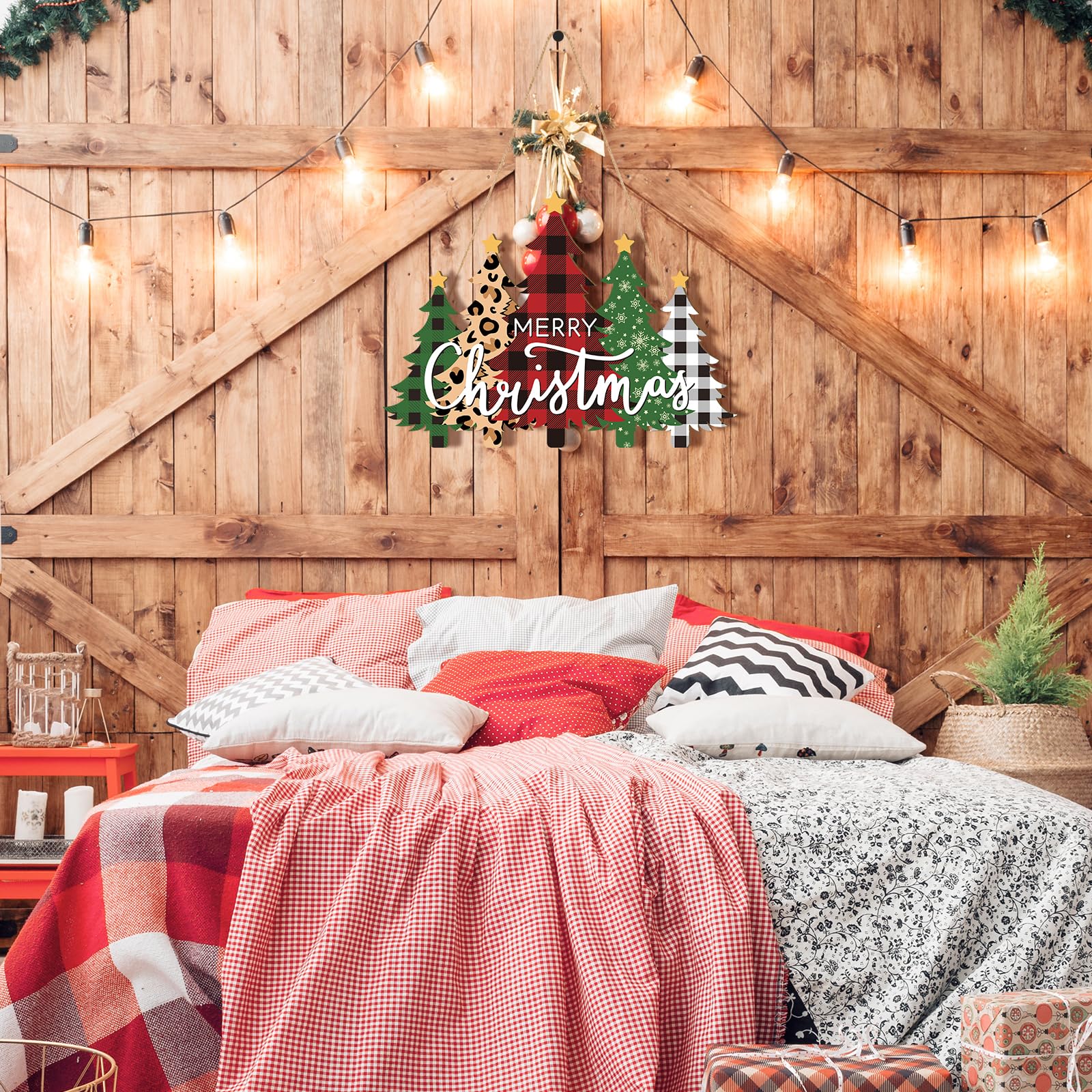 Wooden Christmas Tree Door Wreath for Front Door Sign Wall Signs, Merry Christmas Sign Black White Buffalo Plaid Welcome Hanging