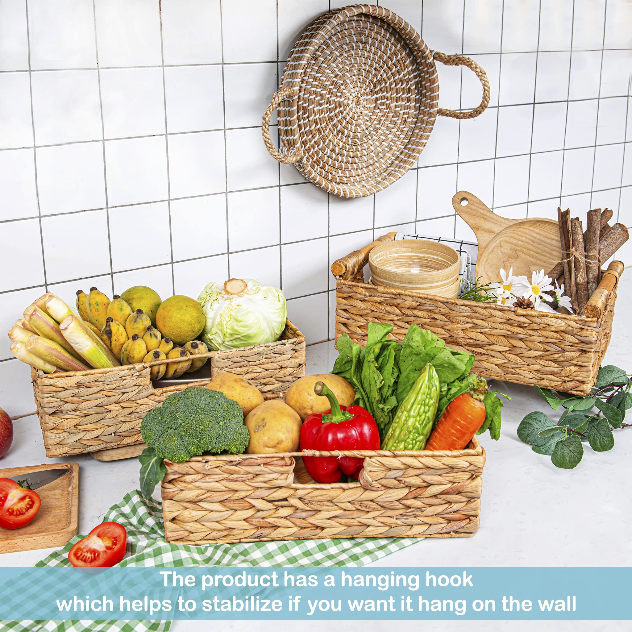 VATIMA Large Water Hyacinth Storage Baskets for Organizing with Wooden Handles for Shelves  2 Bathroom Small Basket  Water Hyacinth Toilet Paper Baskets  Set of Natural Wicker Storage Basket for Home