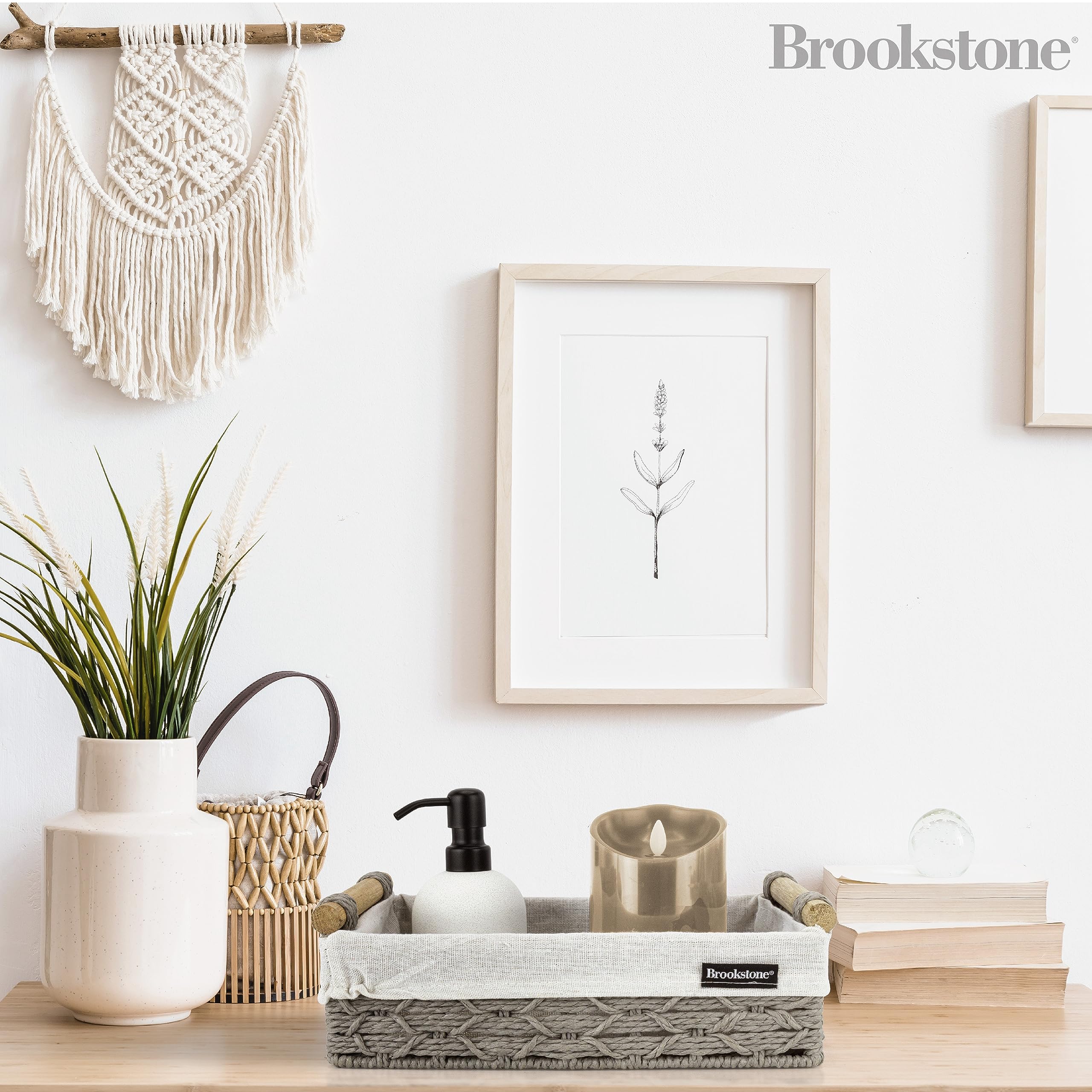 Brookstone [2 Piece Set] Wicker Storage Basket With Crafted Wood Handles, Organization And Storage Container, Decorative Shelf B