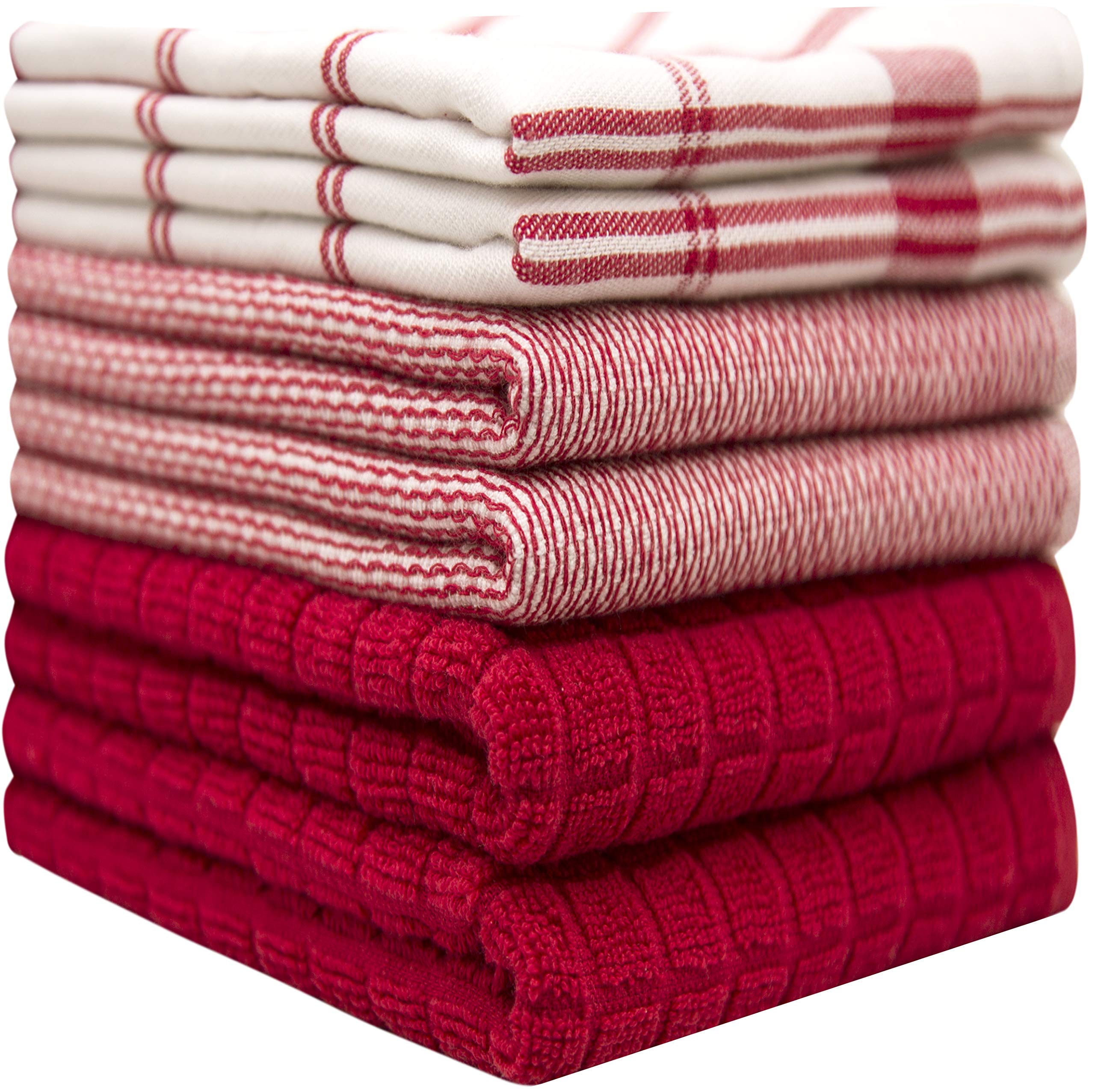 Premium Kitchen Towels (20?x 28?  6 Pack) - Large Cotton Kitchen Hand Towels - Flat & Terry Towel - Highly Absorbent Tea Towels Set with Hanging Loop (Red Check)