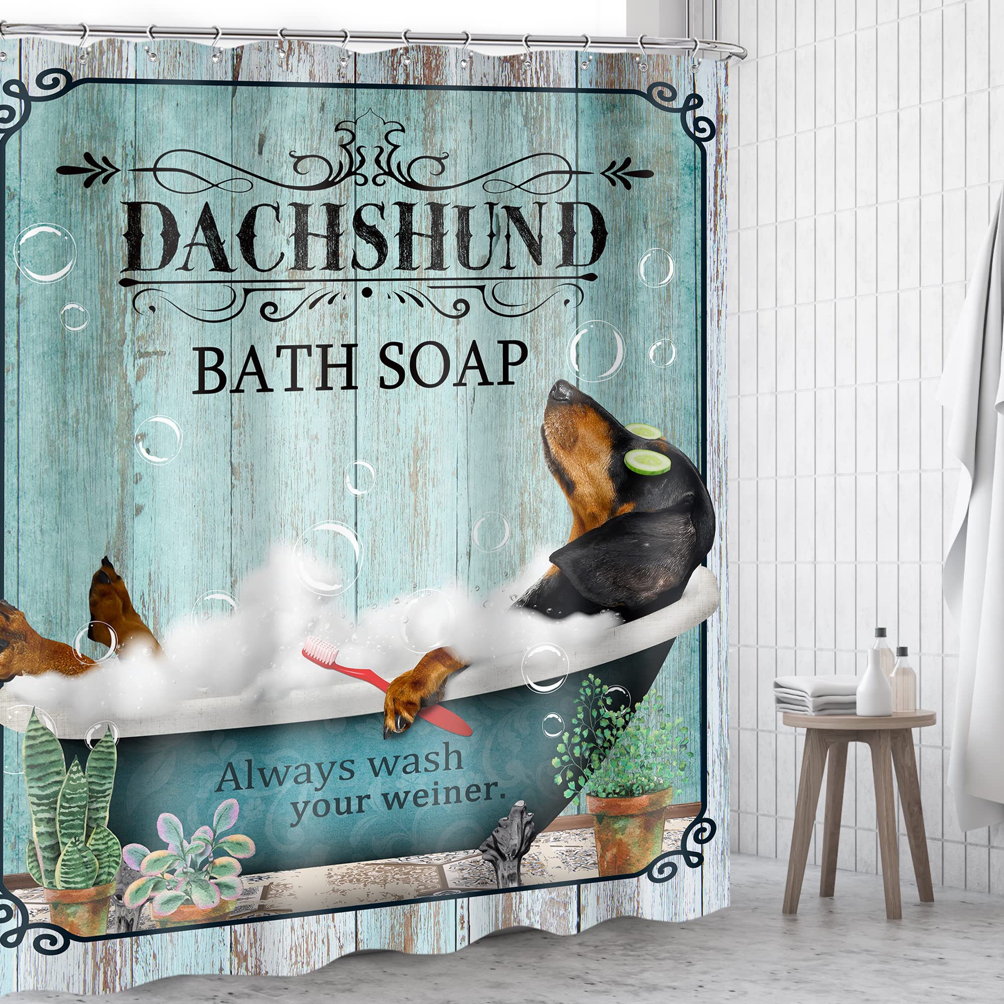 Omifly Funny Dog Shower Curtain 60Wx72H Inch Dachshund Bath Soap Vintage Teal Barn Door Animal Plant Country Modern Wood Plank W