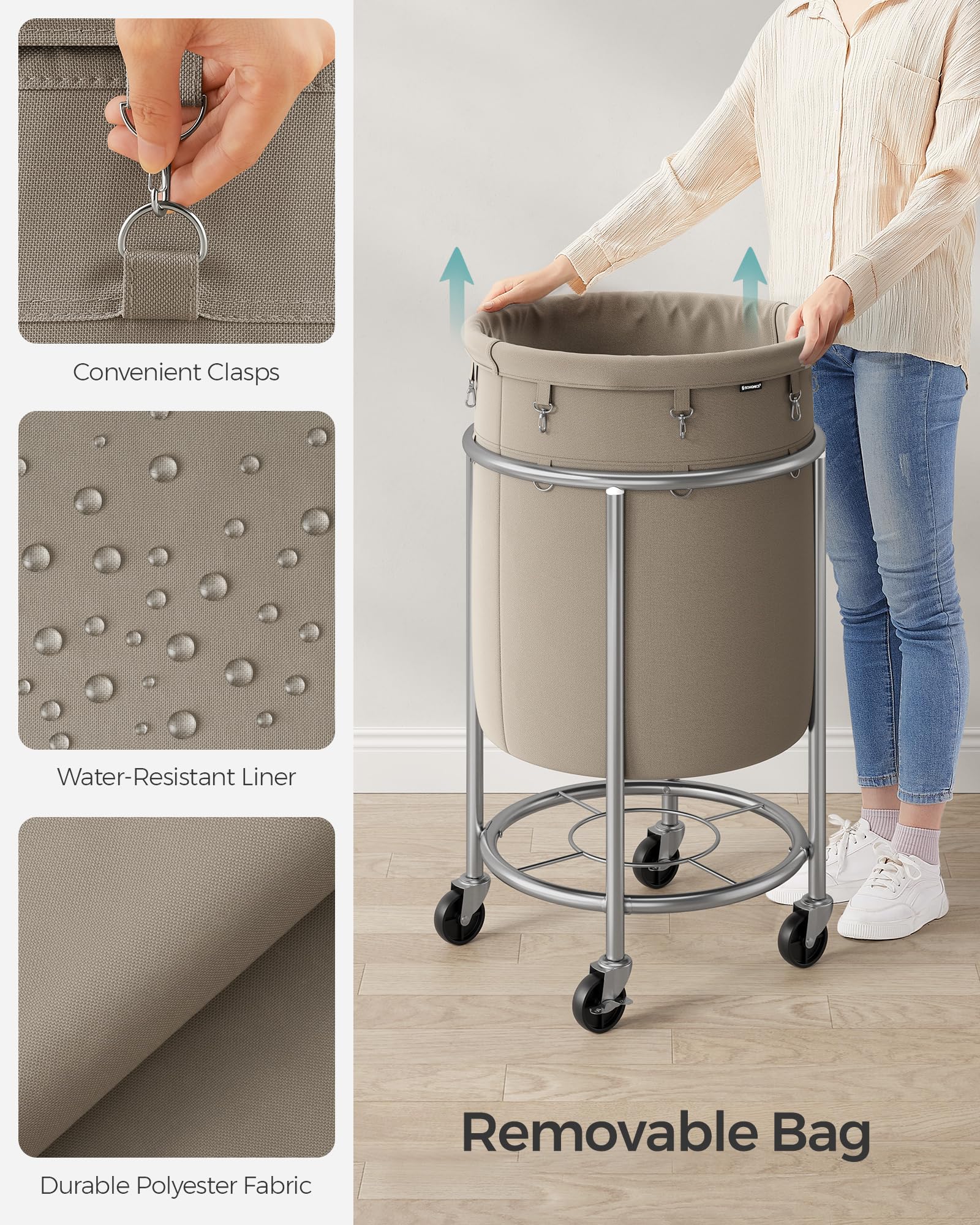 Songmics 50.2-Gallon (190 L) Laundry Basket With Wheels, Rolling Round Heavy-Duty Laundry Hamper Cart With Steel Frame And Remov