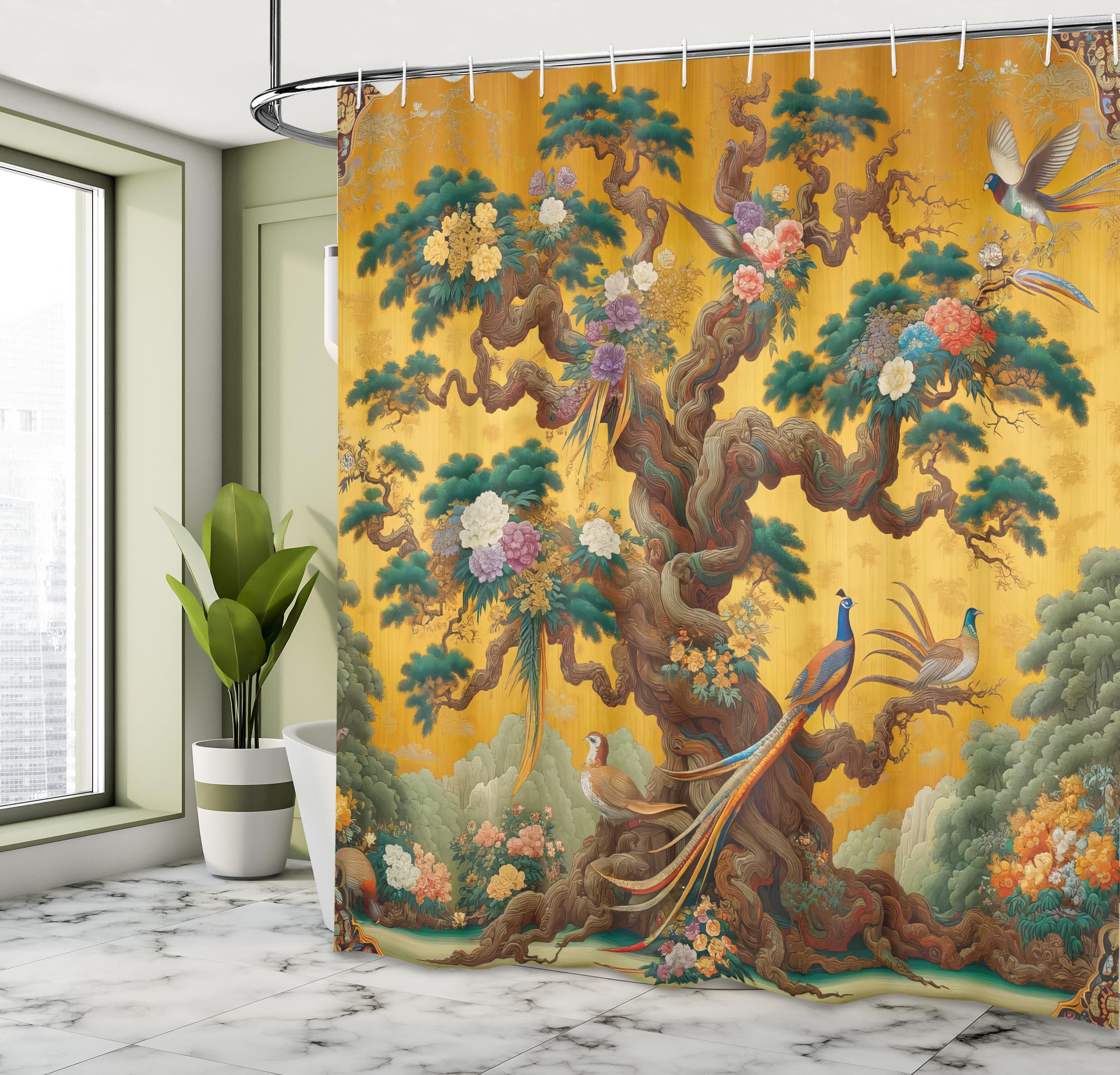 Ambesonne Vintage Shower Curtain, Cartoon Scenario Swirly Vines Of Earthy Tree With Leafy Floral Peacocks, Cloth Fabric Bathroom