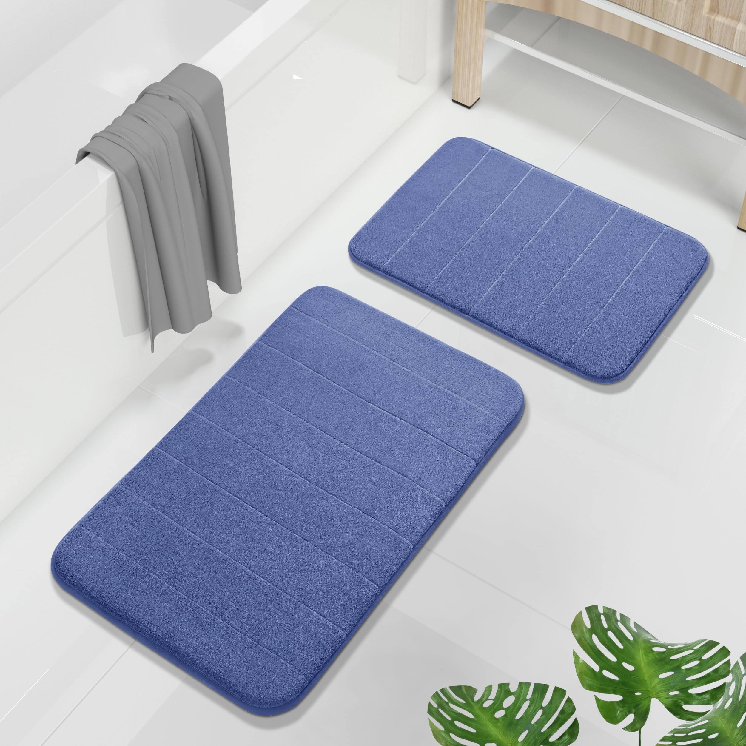 Yimobra Memory Foam Bath Mat Set  2 Pieces Soft Bathroom Rugs 17x24 and 24x20.4 U-Shaped for Bathroom Rugs  Toilet Mats  Water Absorption  Non Slip  Thick  Dry Fast for Bathroom Floor Mats  Navy Blue