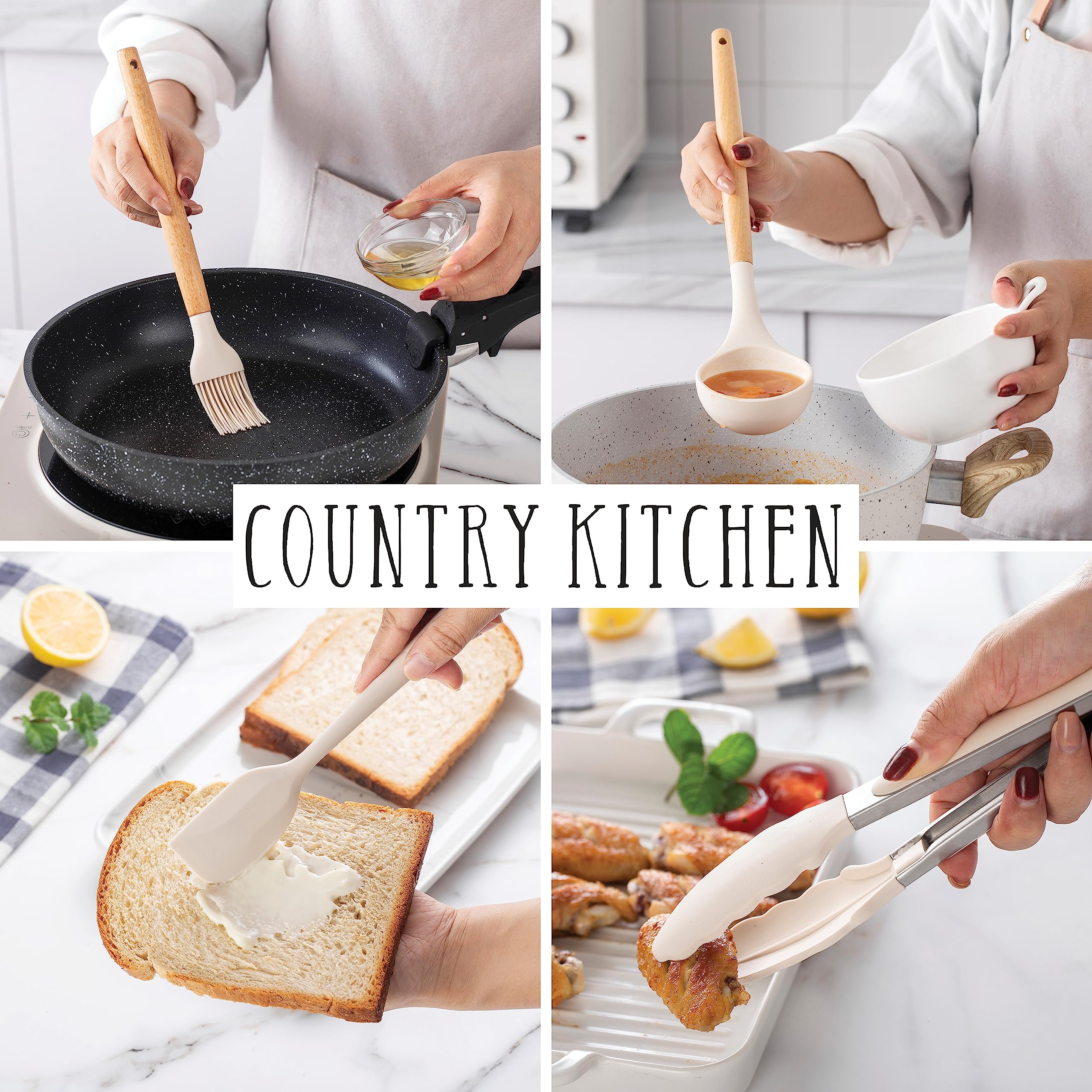 Country Kitchen Silicone Cooking Utensils, 14 Pc Kitchen Utensil Set, Easy To Clean Wooden Kitchen Utensils, Cooking Utensils Fo