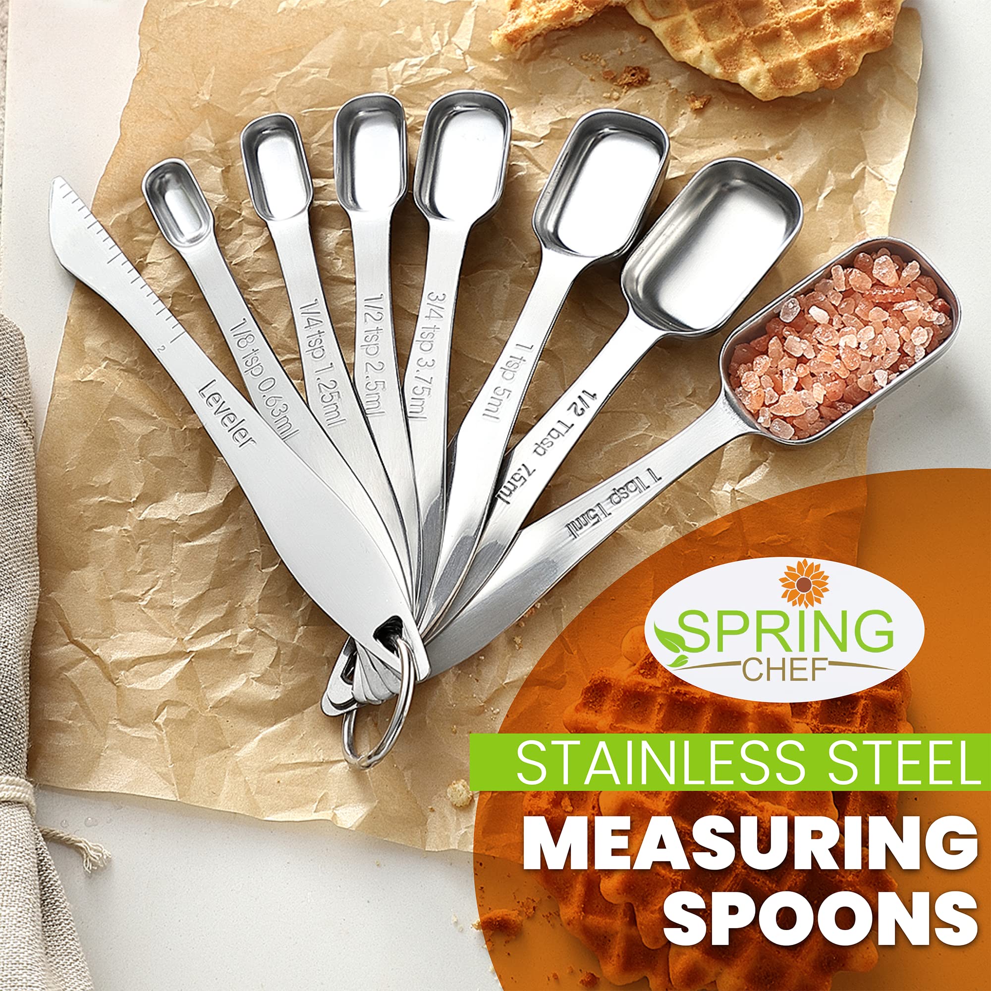 Spring Chef Stainless Steel Measuring Spoons Set Of 8 With Leveler, Metal Teaspoon & Tablespoon Measuring Spoons For Dry & Liqui