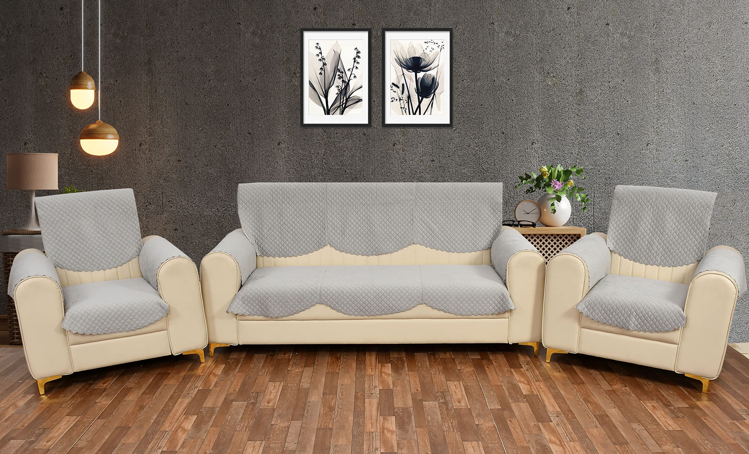 Yellow Weaves 5 Seater Self Design Quilted Sofa Cover And Chair Cover With Arm Cover, Seat & Back Cover, Color - Light Grey
