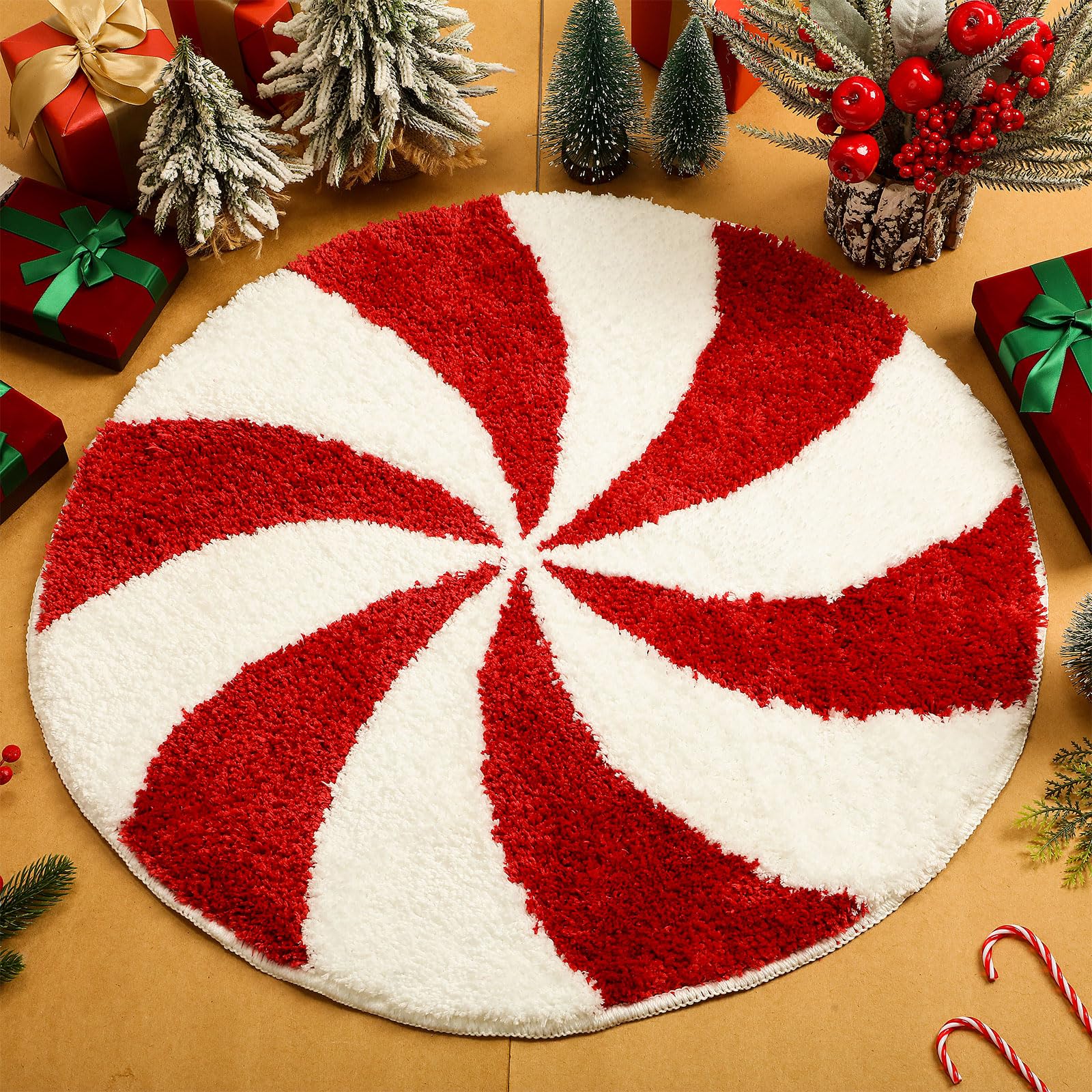 Drydiet Christmas Bathroom Rugs 25 Inch Washable Round Bath Mats Winter Red White Candy Bath Mats Area Non Slip Absorbent Carpet