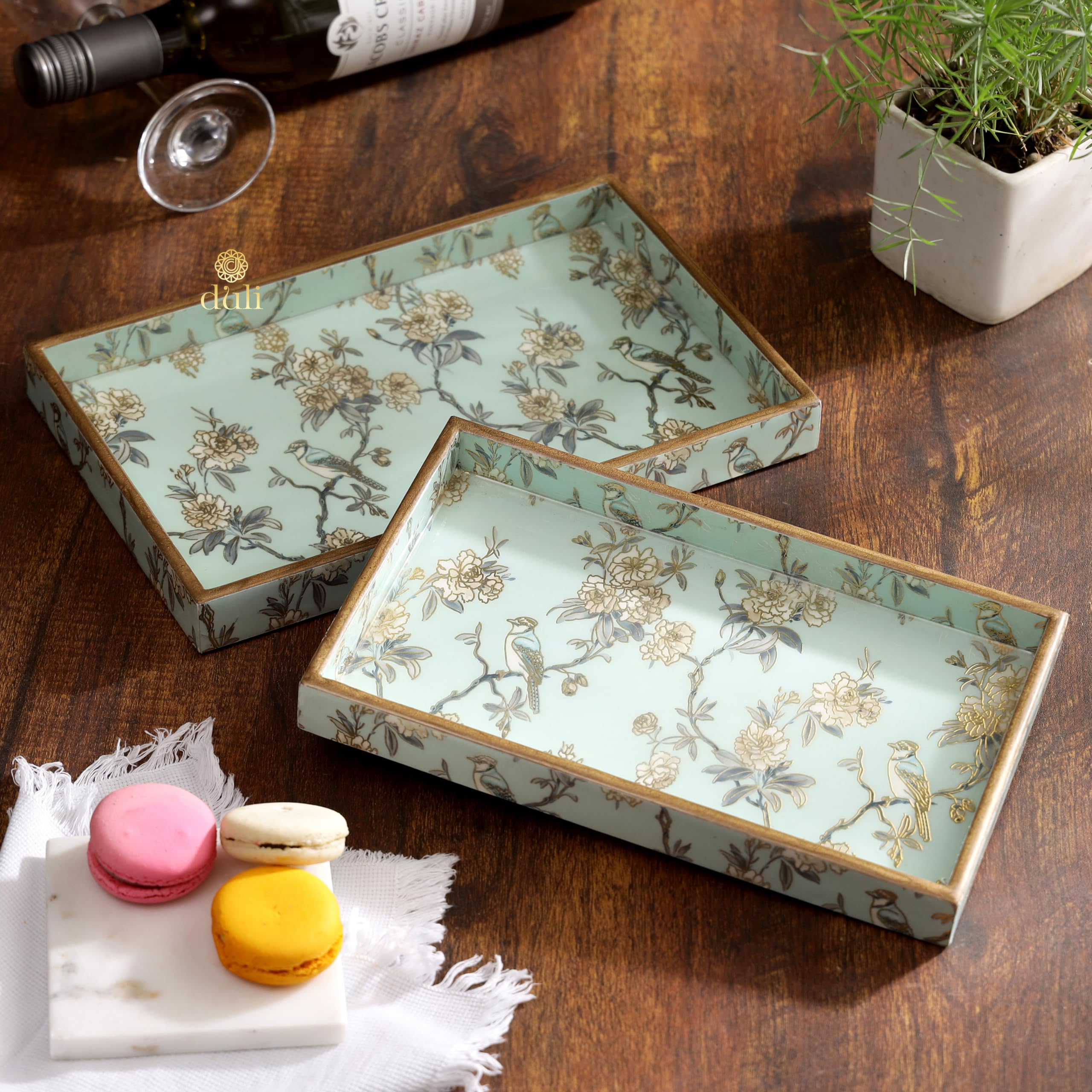 Duli Set Of 2 Mdf Wood Trays Enamel Coated| Rectangle Trays Set Of 2|Serving Trays|Wooden Tray|Kitchen&Dining Decorative|Resin T