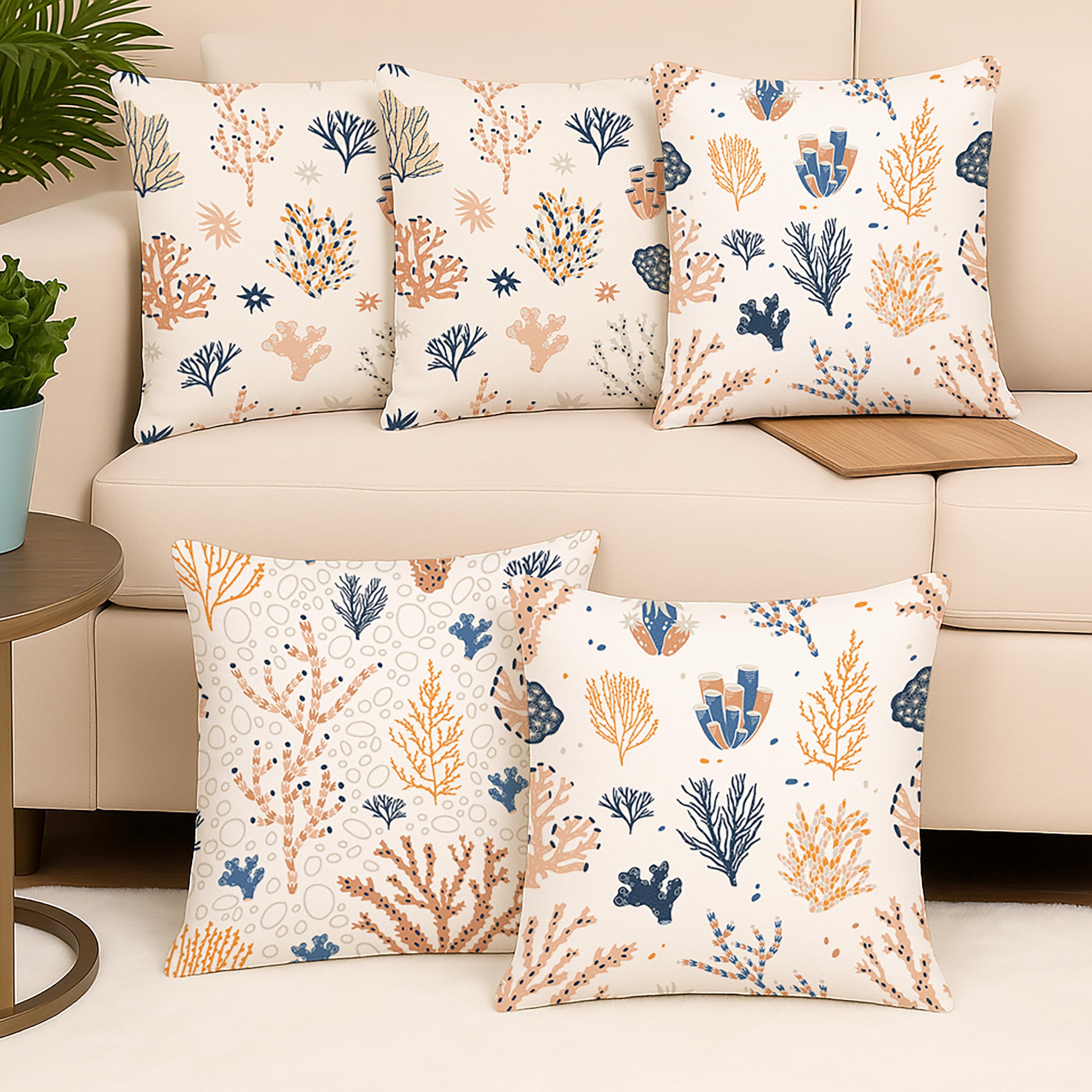 Amazon Brand - Umi Bohemian Leaf Printed Polycotton Cushion Cover, Set Of 5 (12 X 12 Inches / 30 X 30 Cm)