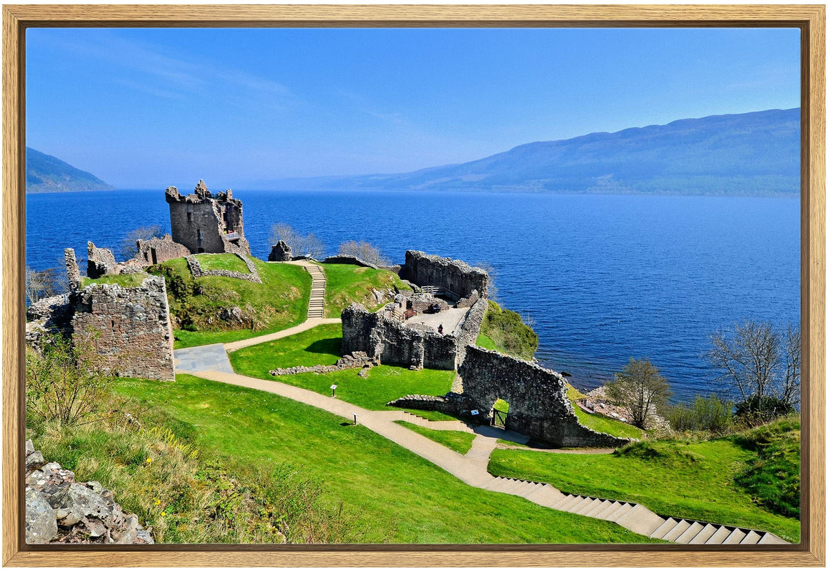 Beautiful Scenery Landscape Of Ruins Of Urquhart Castle Along Loch Ness Scotland - Framed Canvas Art Wall Art - 24''X36'' Natura